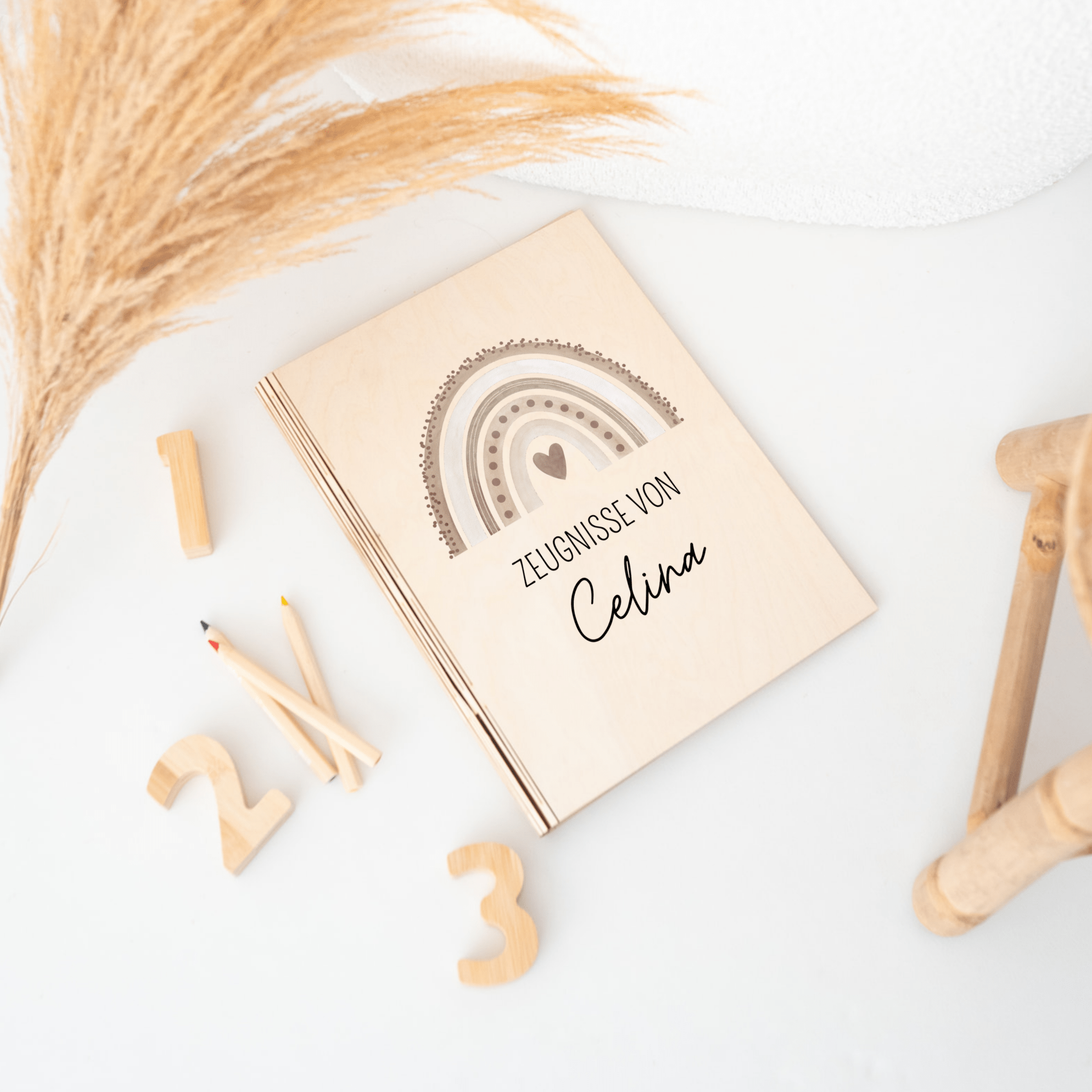 Zeugnismappe Holz personalisiert - Regenbogen Punkte Aquarell - wunderwunsch