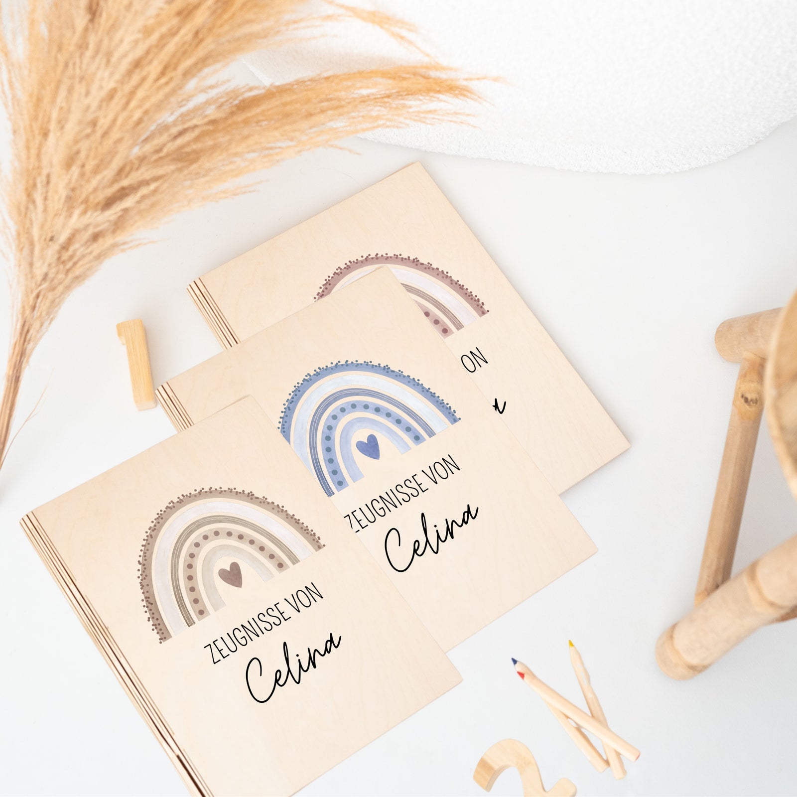 Zeugnismappe Holz personalisiert - Regenbogen Punkte Aquarell - wunderwunsch