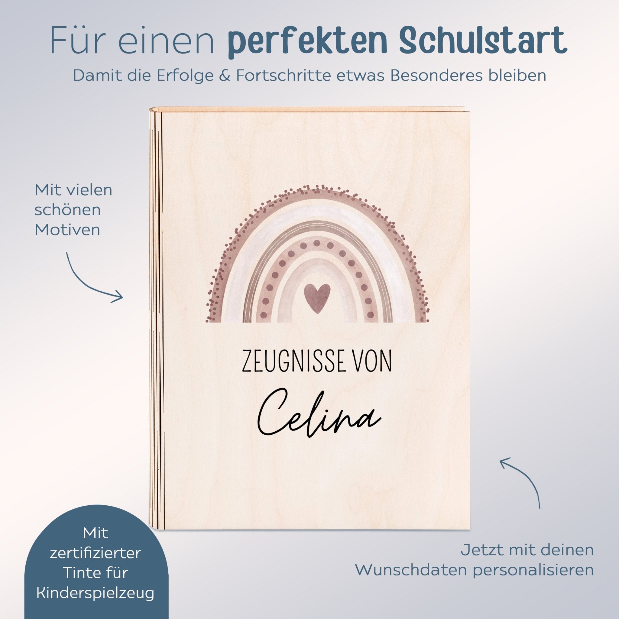 Zeugnismappe Holz personalisiert - Regenbogen Punkte Aquarell - wunderwunsch