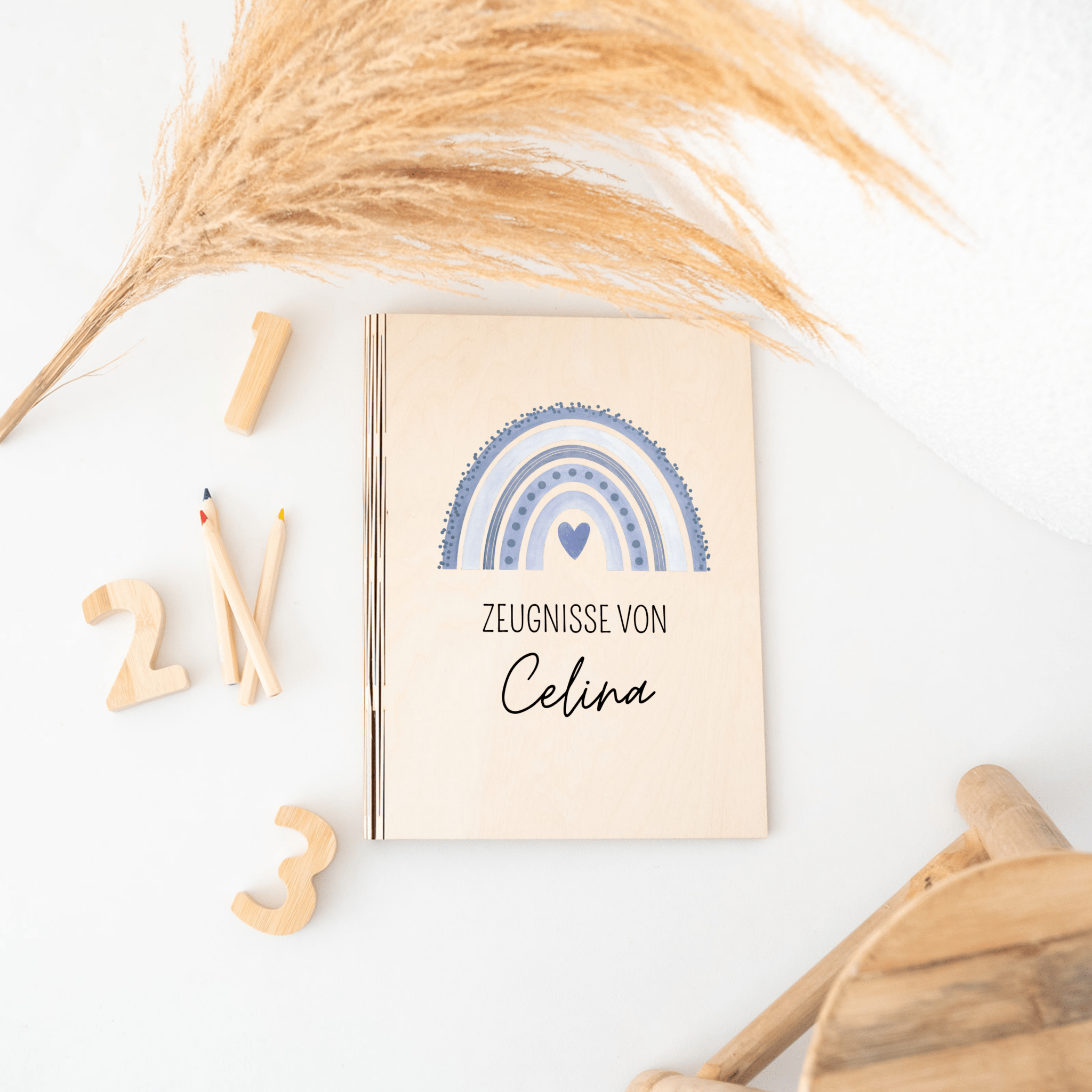 Zeugnismappe Holz personalisiert - Regenbogen Punkte Aquarell - wunderwunsch