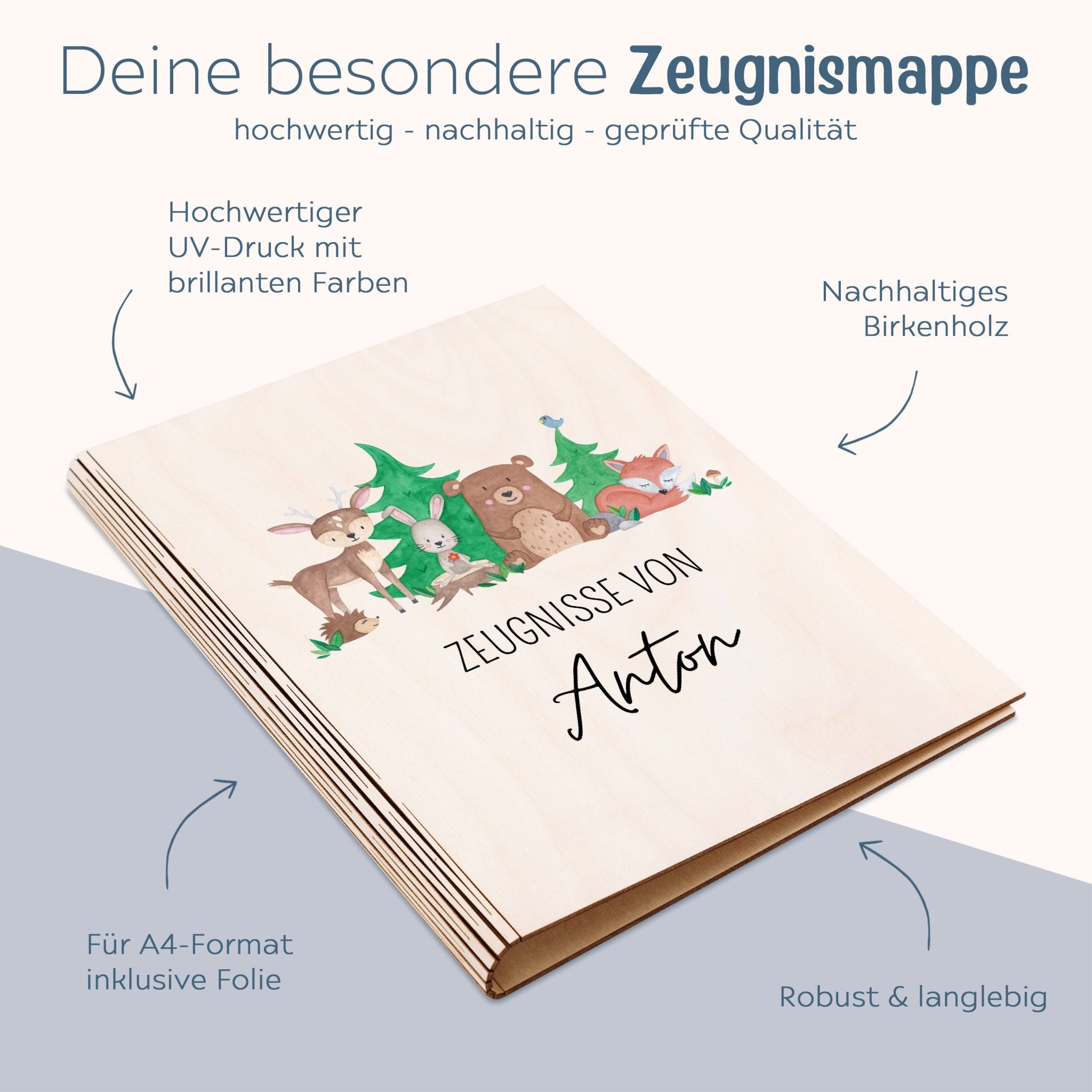 Zeugnismappe Holz personalisiert - Waldfreunde Aquarell - wunderwunsch