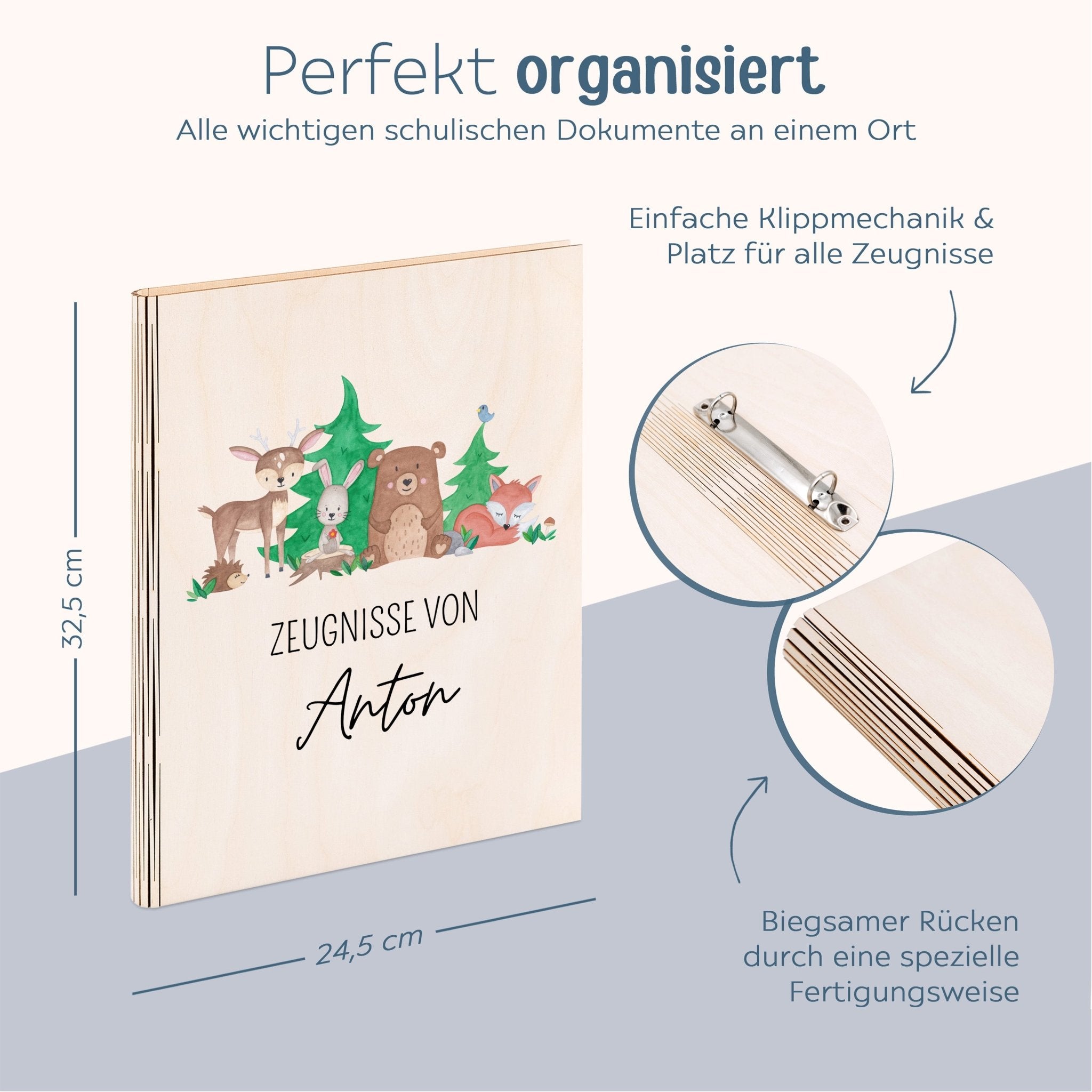 Zeugnismappe Holz personalisiert - Waldfreunde Aquarell - wunderwunsch