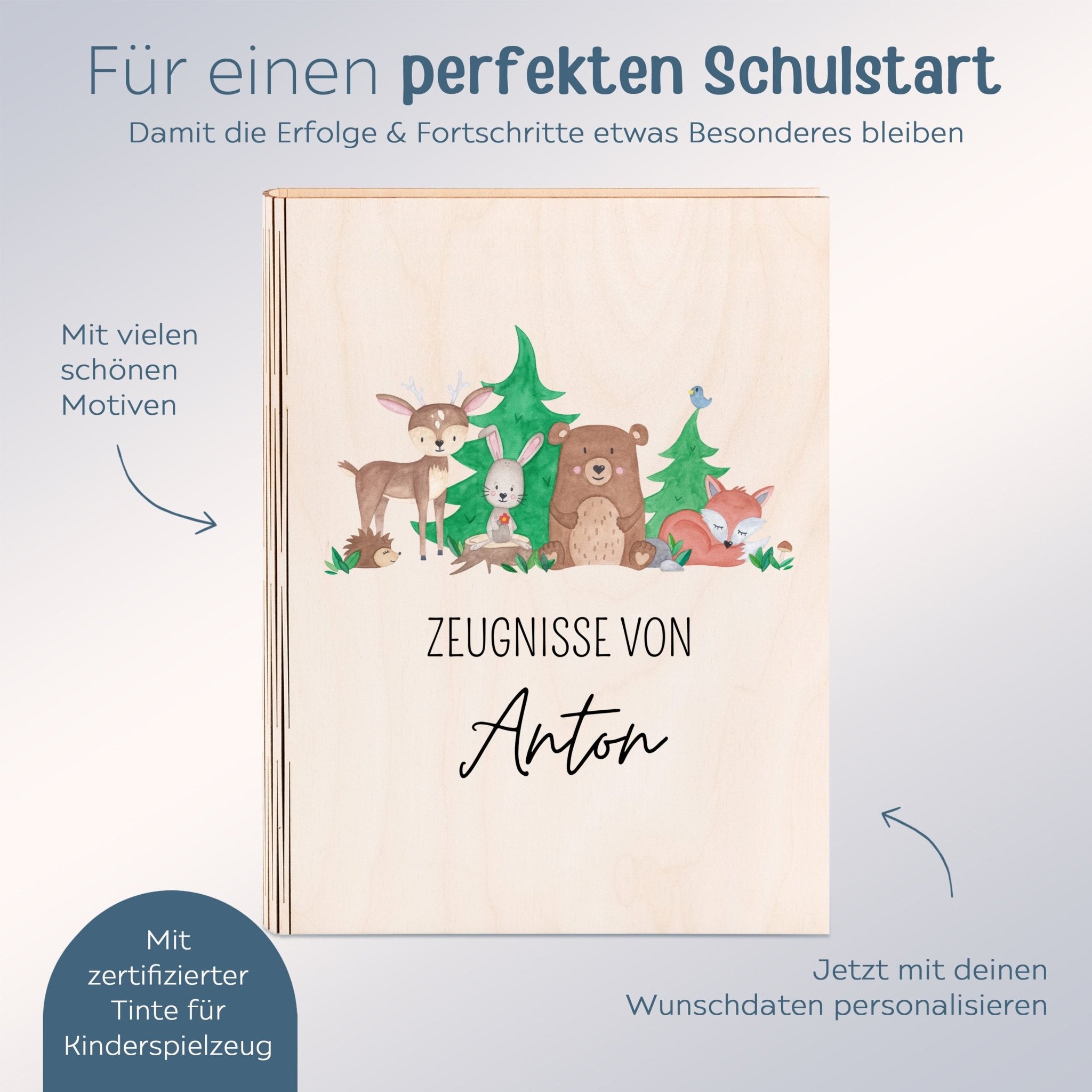 Zeugnismappe Holz personalisiert - Waldfreunde Aquarell - wunderwunsch