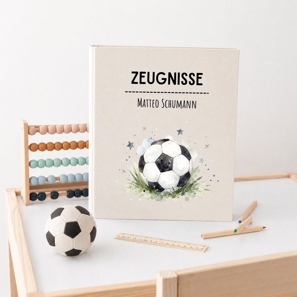 Zeugnismappe Stoff personalisiert - Fußball Aquarell - wunderwunsch
