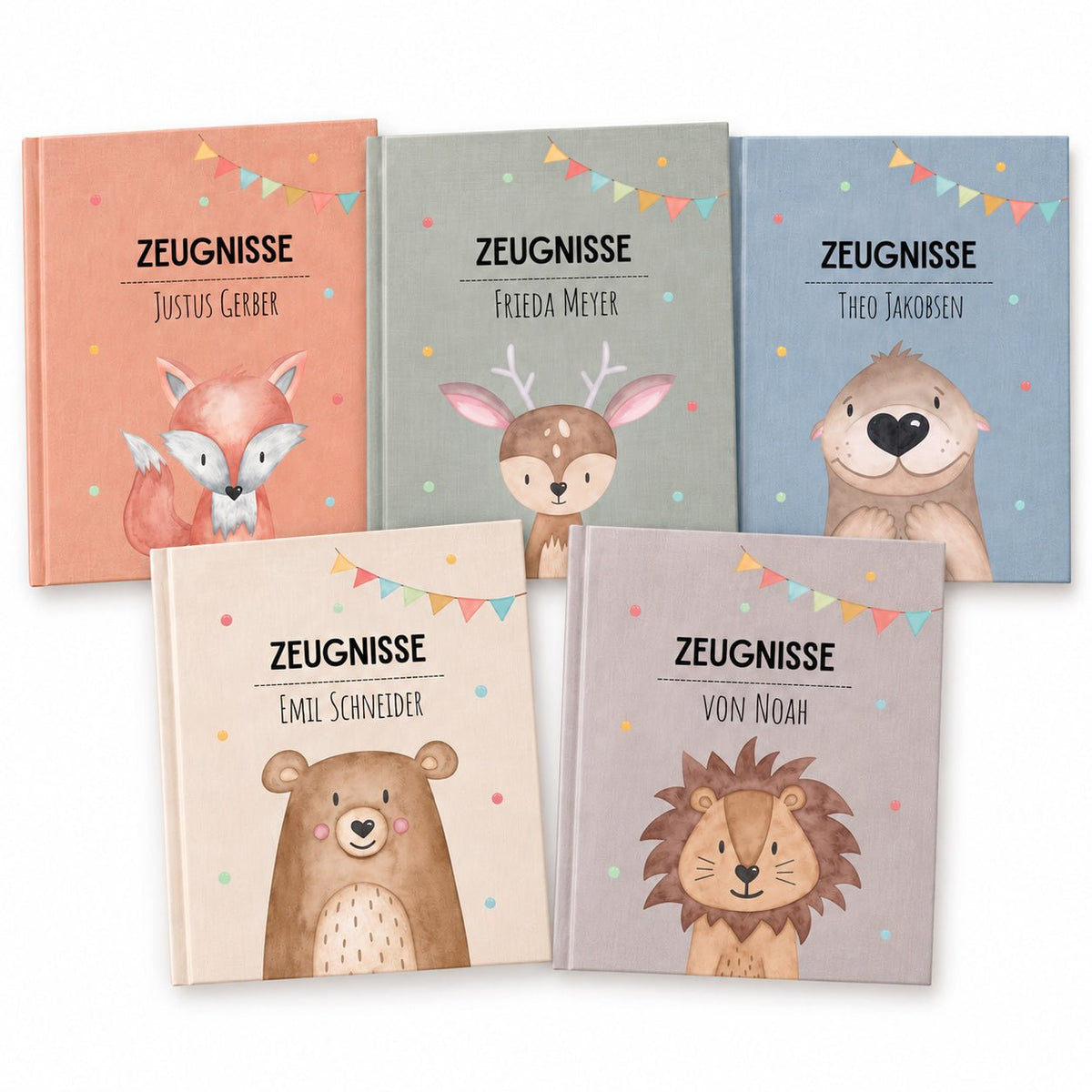 Zeugnismappe Stoff personalisiert - Tier Girlande Aquarell - wunderwunsch