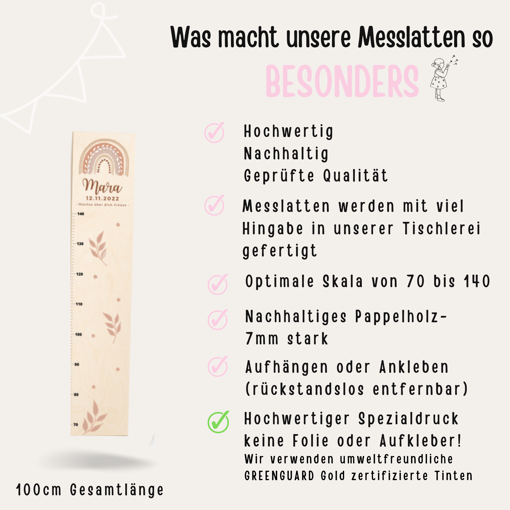 Kindermesslatte Holz personalisiert - Regenbogen pastell Aquarell