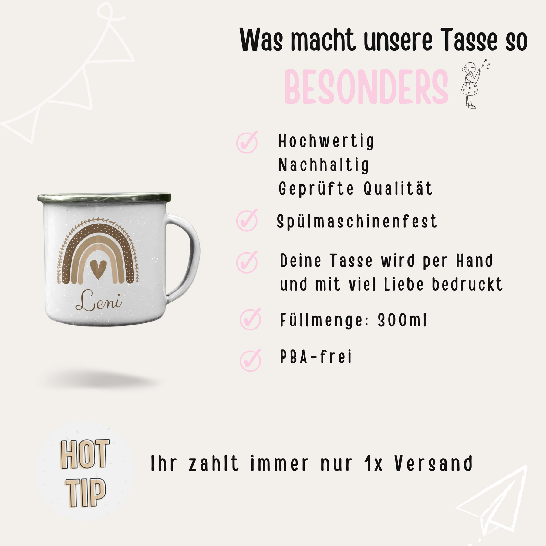 Gefüllte Ostertasche - Emaille Tasse "Regenbogen beige" personalisiert