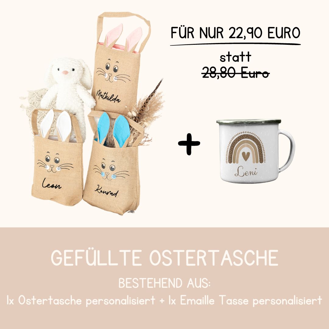 Gefüllte Ostertasche - Emaille Tasse "Regenbogen beige" personalisiert