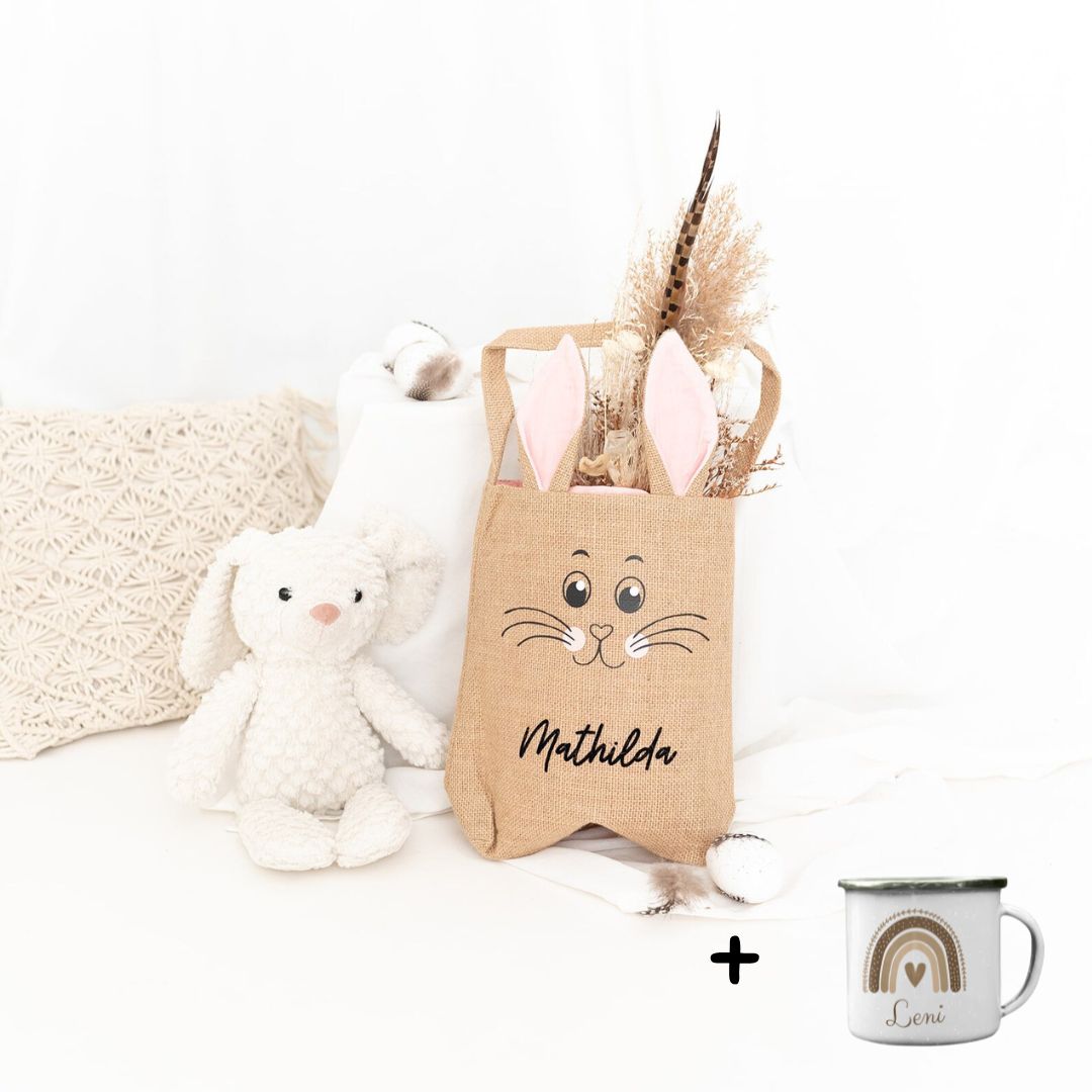 Gefüllte Ostertasche - Emaille Tasse "Regenbogen beige" personalisiert