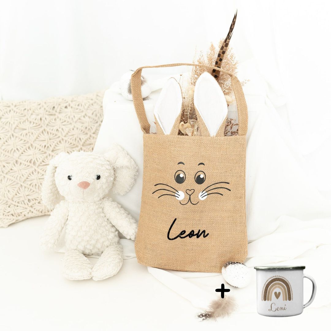 Gefüllte Ostertasche - Emaille Tasse "Regenbogen beige" personalisiert