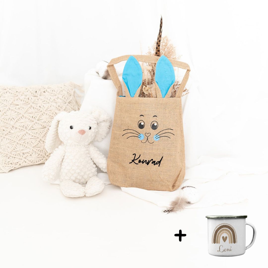 Gefüllte Ostertasche - Emaille Tasse "Regenbogen beige" personalisiert