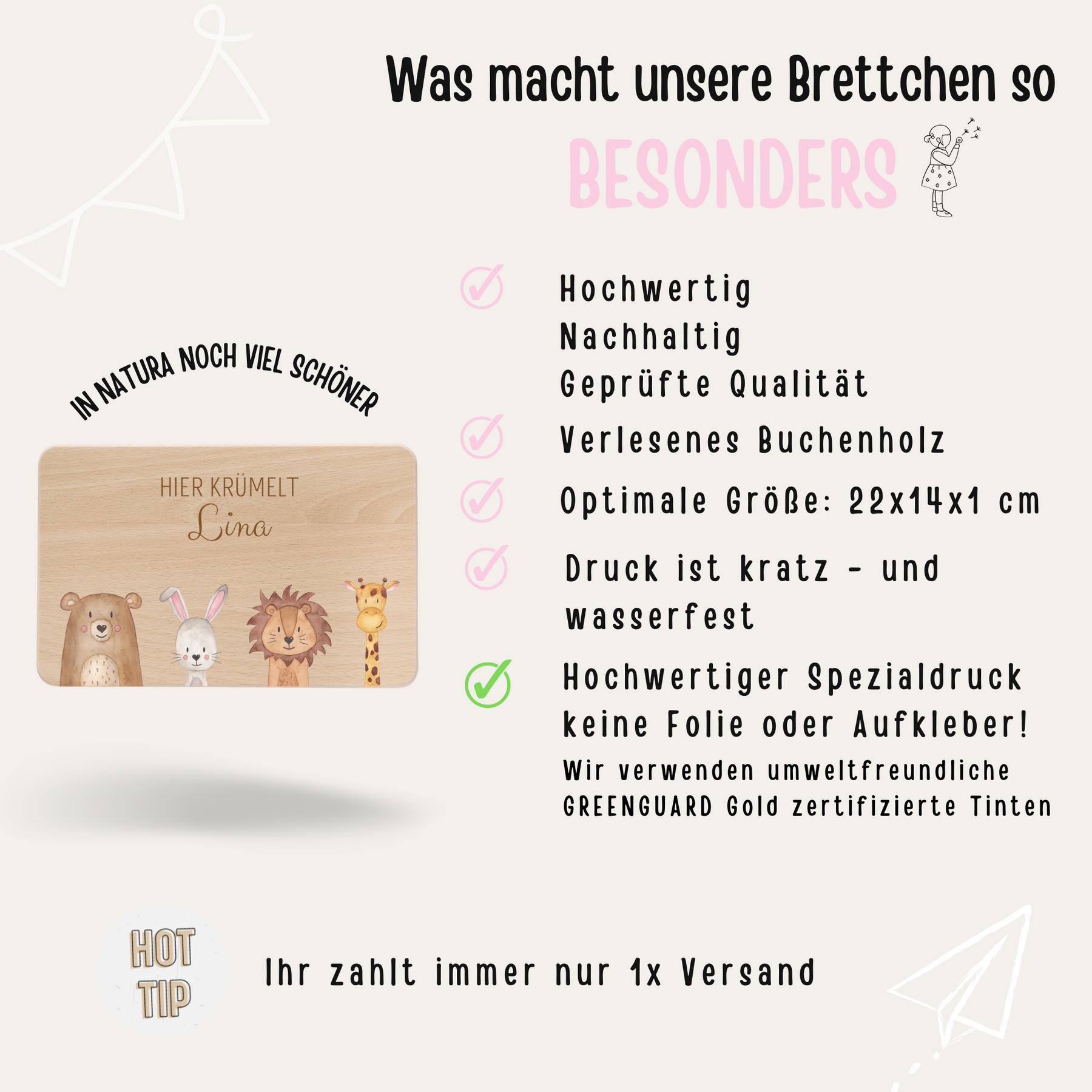 Gefüllte Ostertasche - Frühstücksbrett "Tiere Aquarell" personalisiert