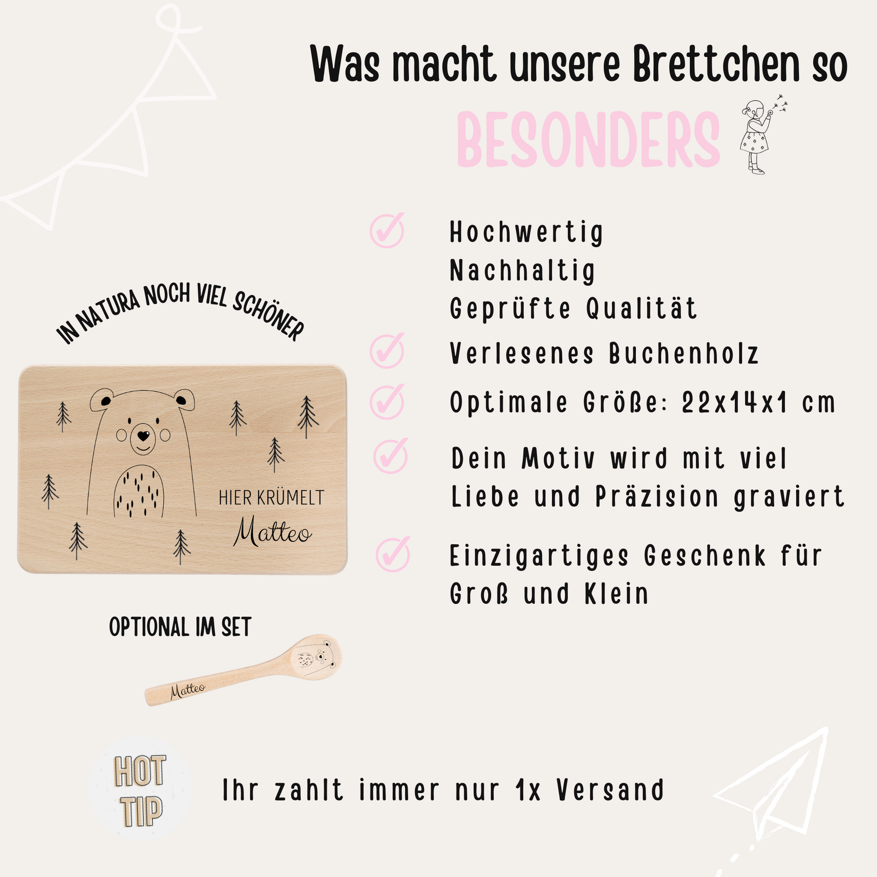 Frühstücksbrettchen mit Kinderlöffel personalisiert - Tier Wald Gravur