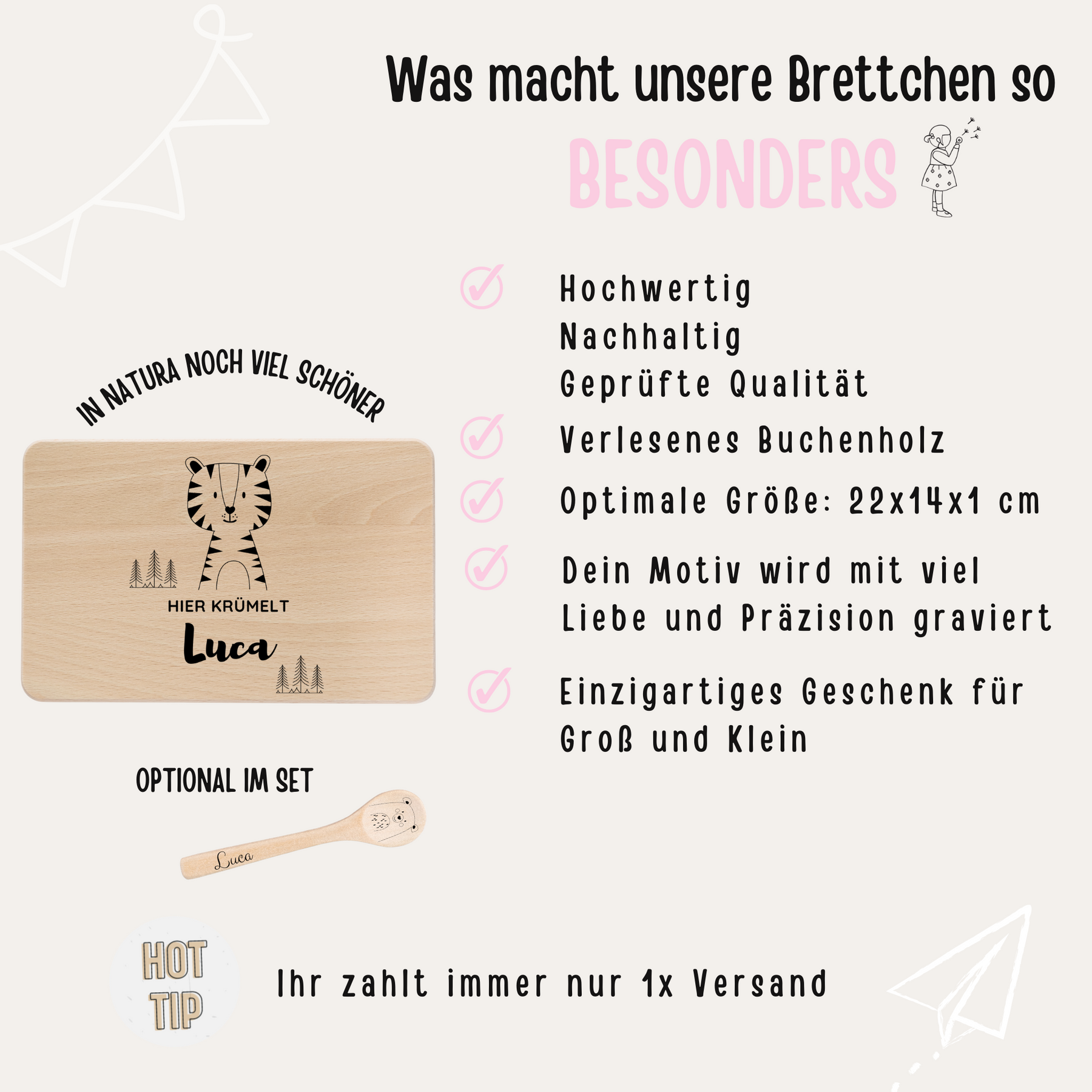 Frühstücksbrettchen mit Kinderlöffel personalisiert - Tier Bäume Gravur