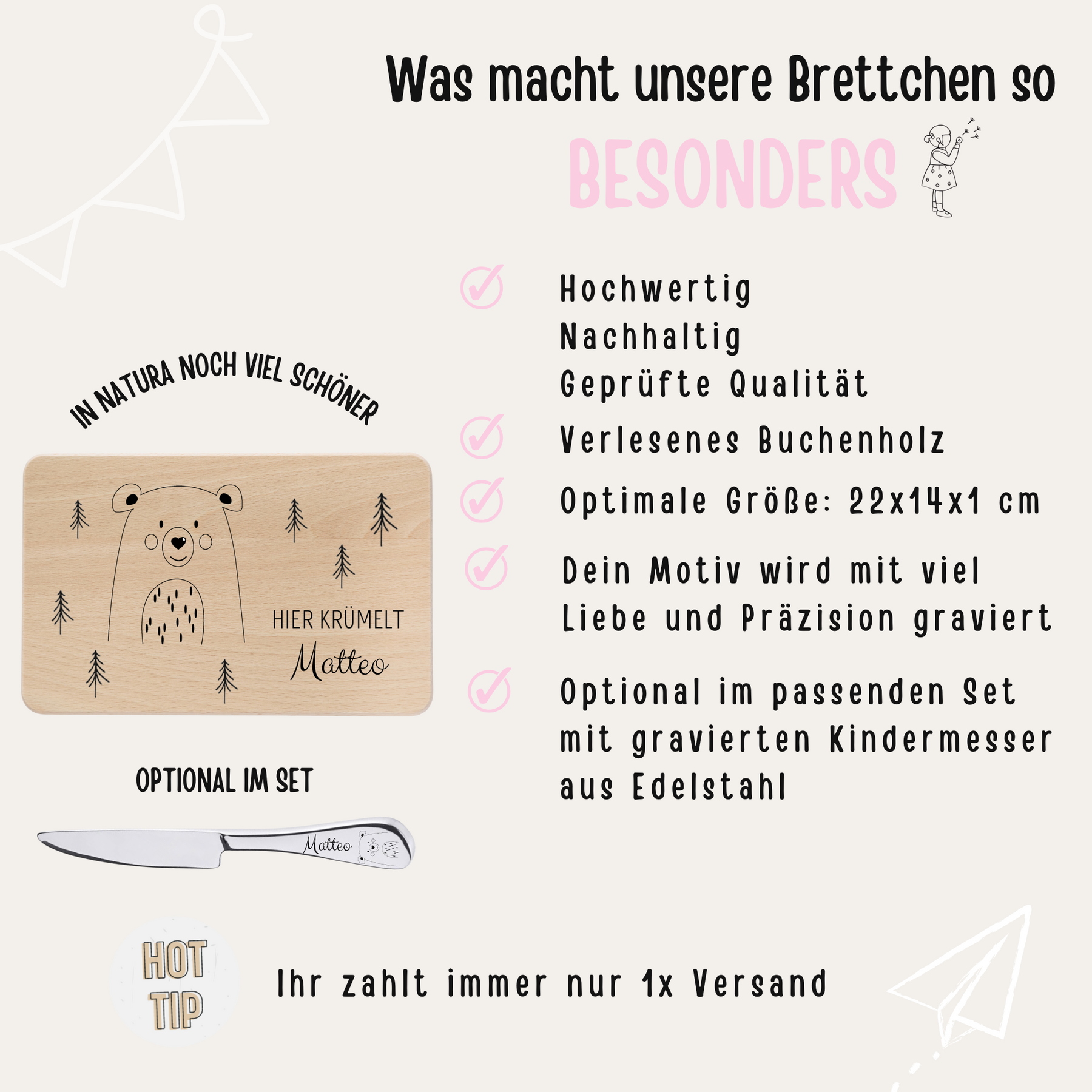 Frühstücksbrettchen mit Kindermesser personalisiert - Tier Wald Gravur
