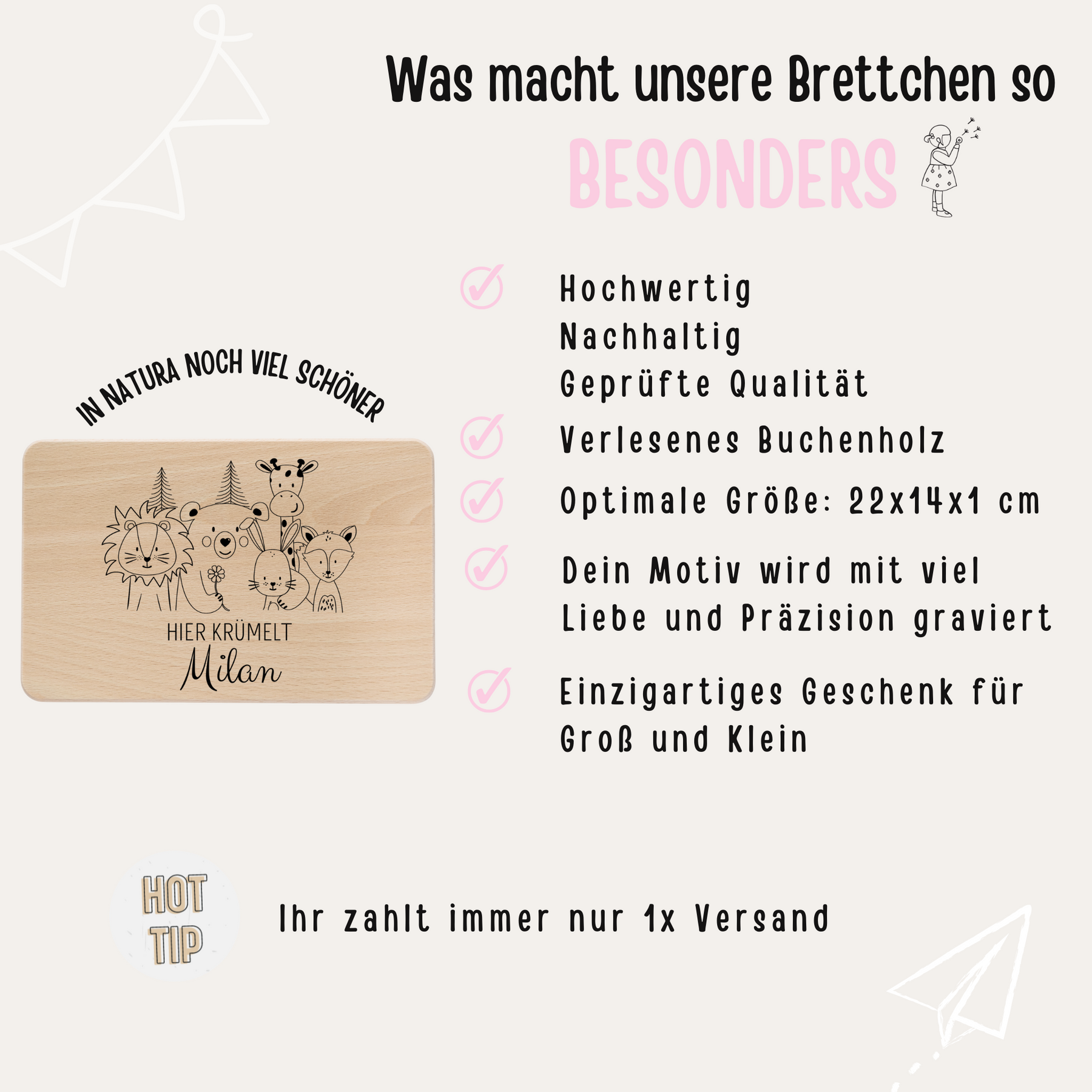 Frühstücksbrettchen personalisiert - Tierfamilie Blume Gravur