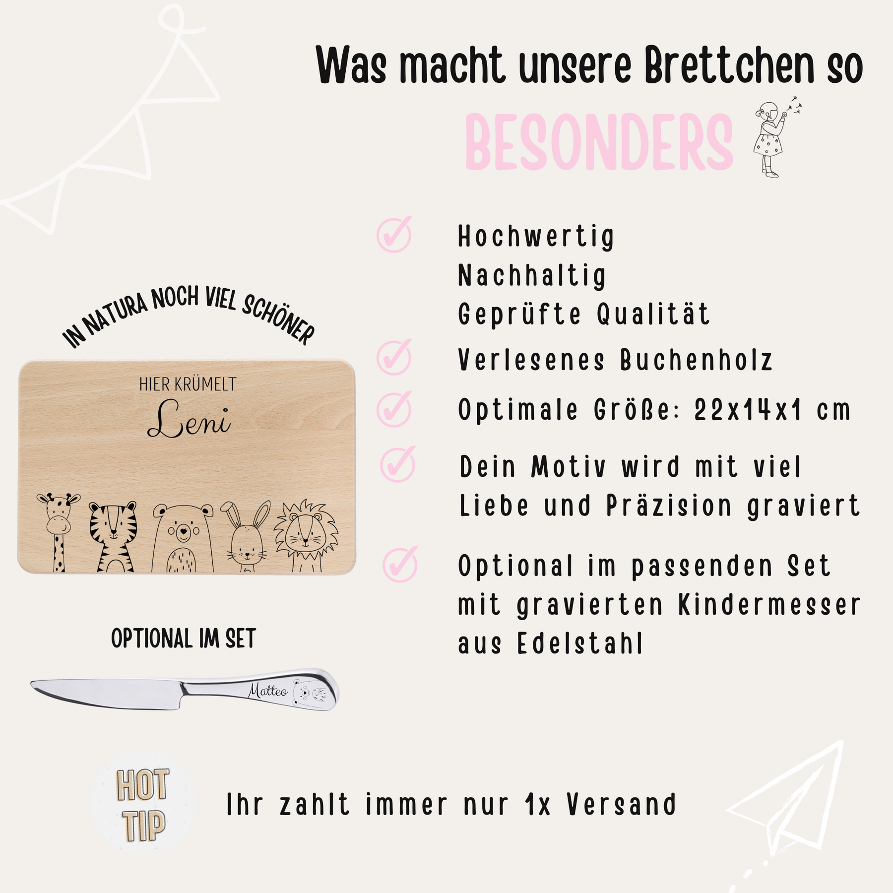 Frühstücksbrettchen mit Kindermesser personalisiert - Tier unten Gravur