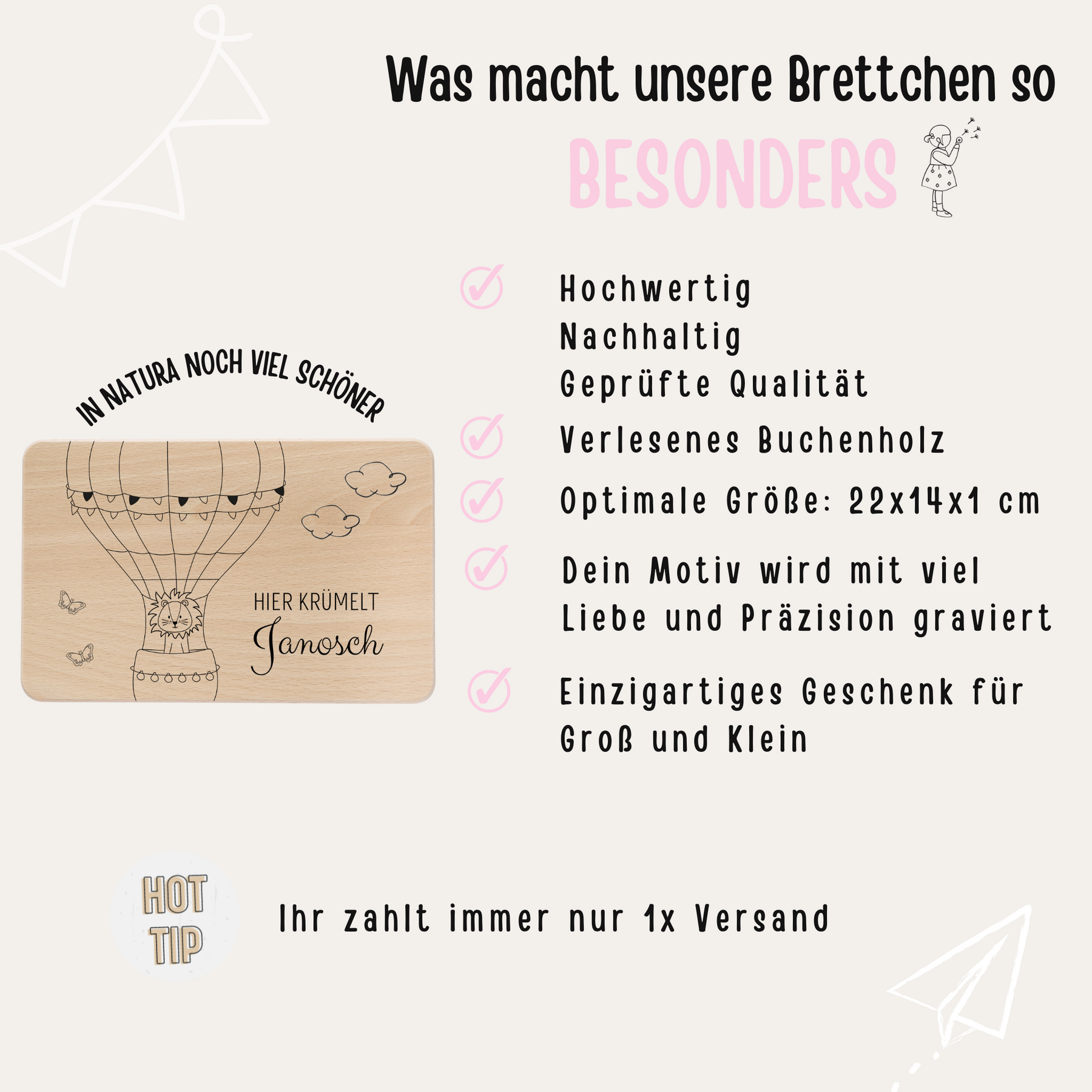 Frühstücksbrettchen personalisiert - Tier Ballon Gravur