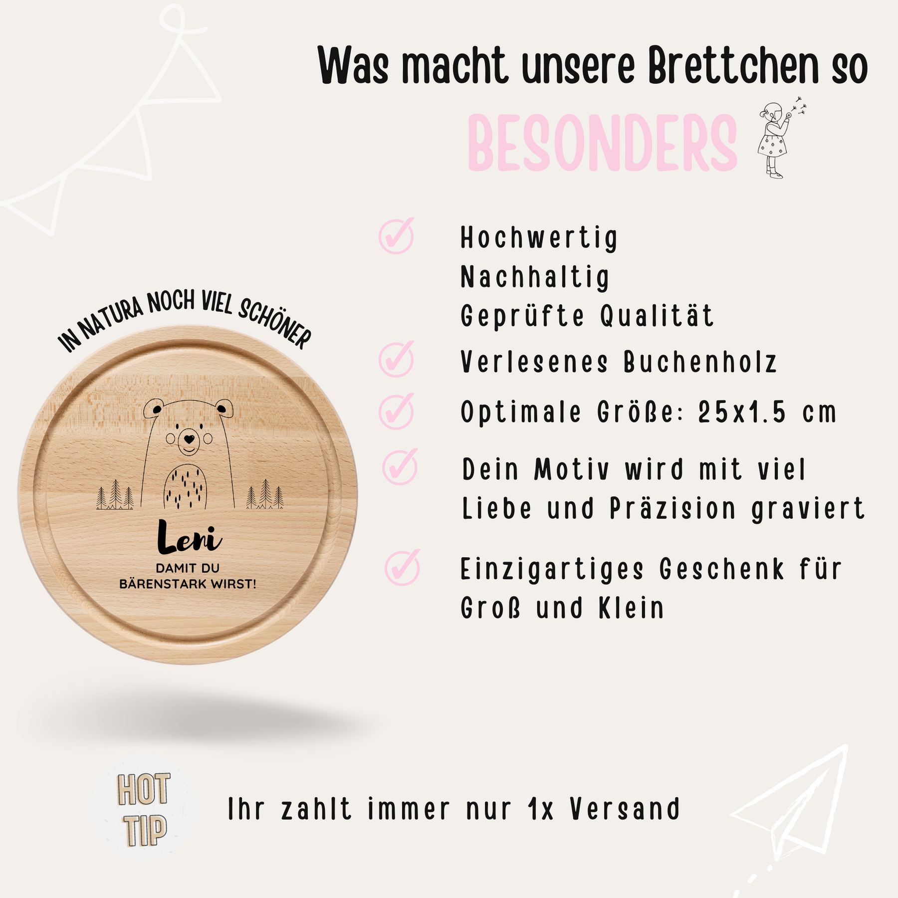 Schneidebrett Holz rund personalisiert - Tier Bäume Gravur