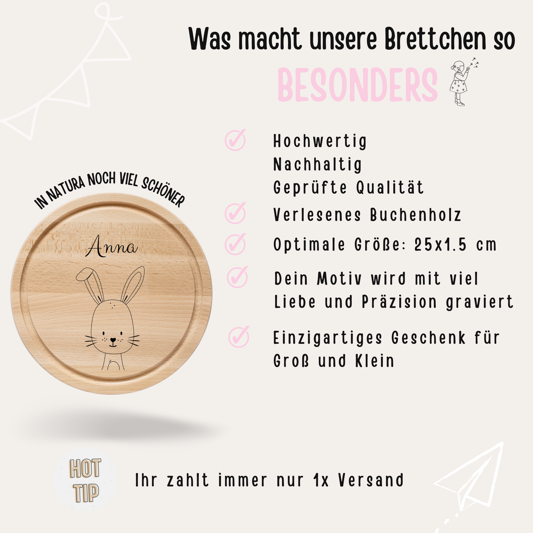 Schneidebrett Holz rund personalisiert - Tier Gravur