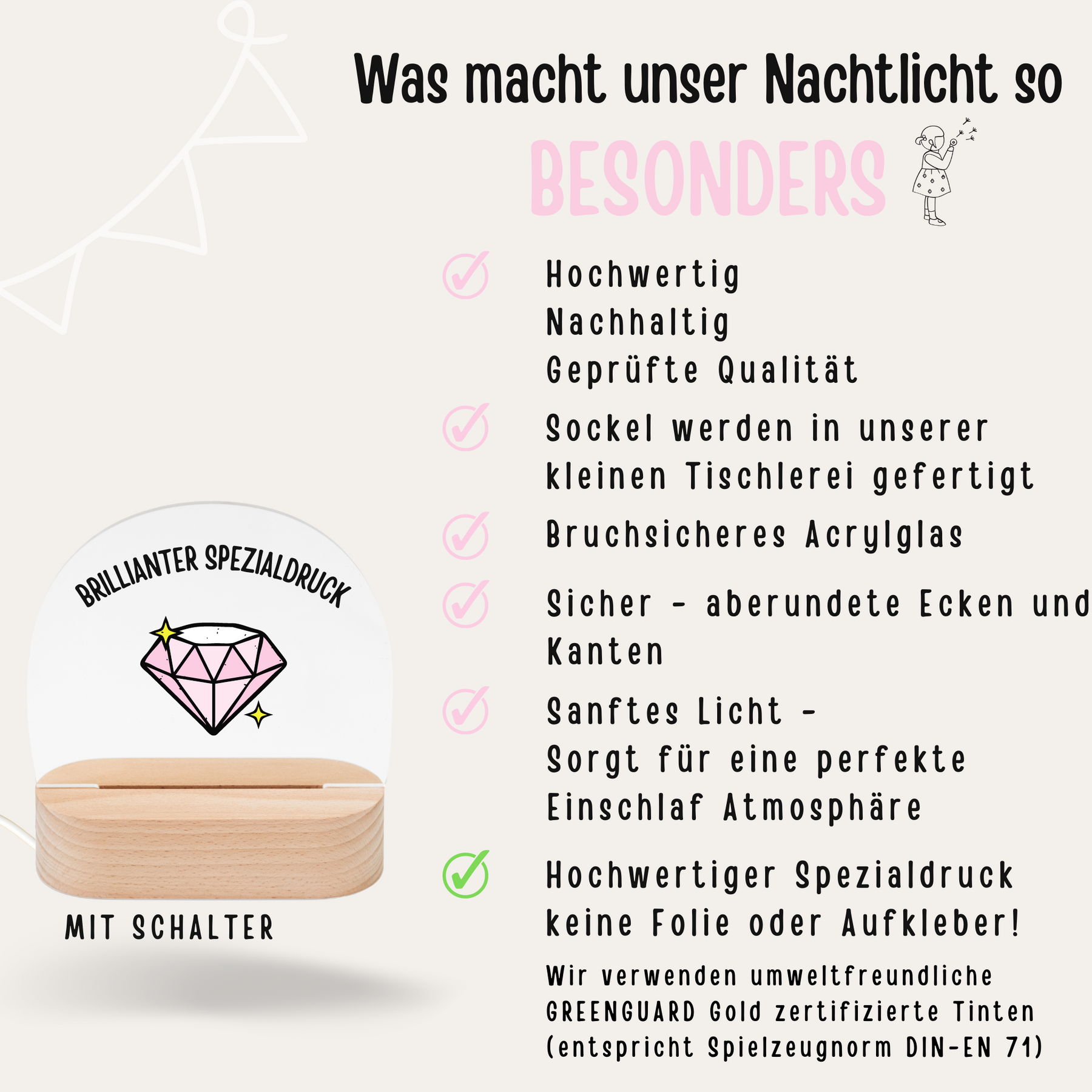 LED Nachtlicht Kinder personalisiert - Regenbogen beige Aquarell