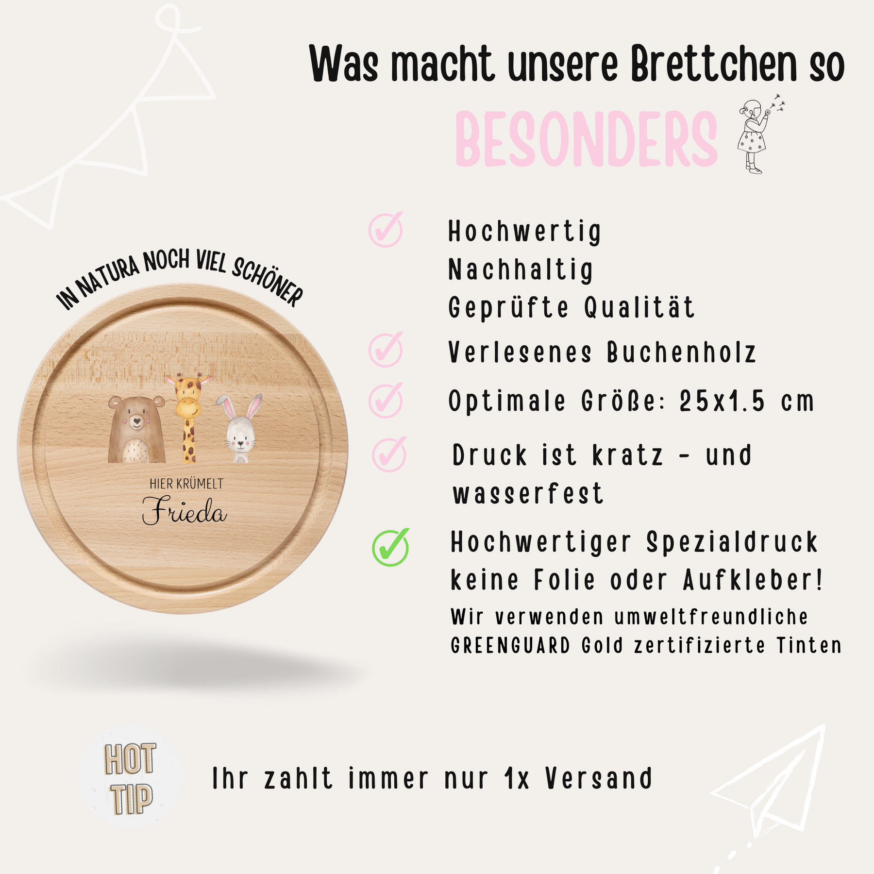 Schneidebrett Holz rund personalisiert - Tiere Trio Aquarell