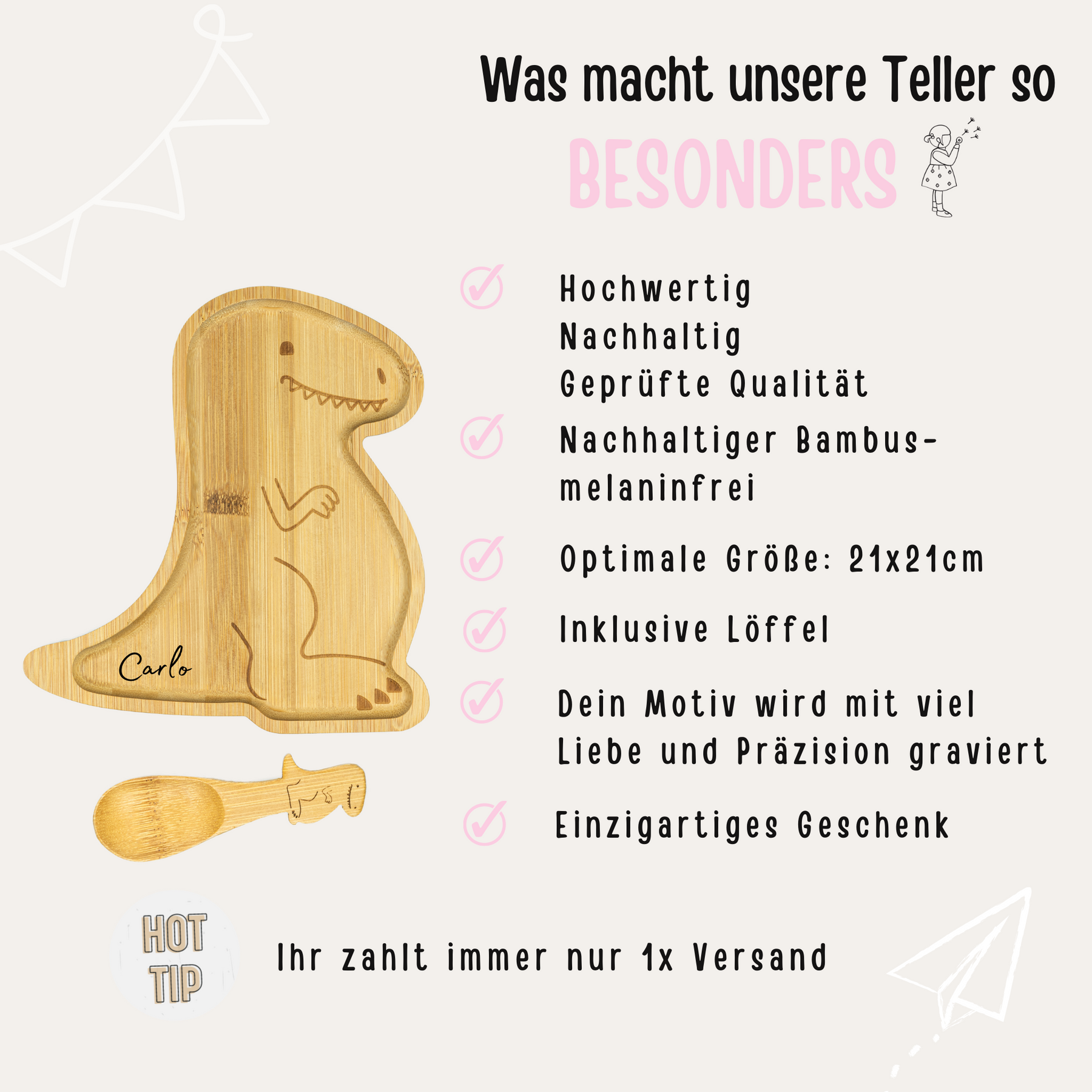 Kinderteller mit Kinderlöffel personalisiert - T-Rex