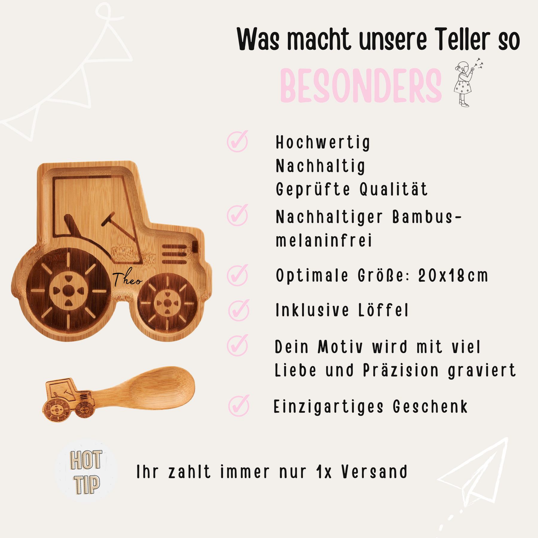 Kinderteller mit Kinderlöffel personalisiert - Traktor