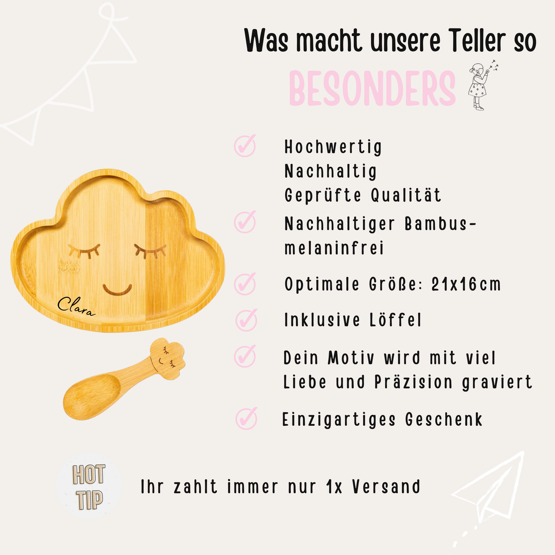 Kinderteller mit Kinderlöffel personalisiert - Wolke