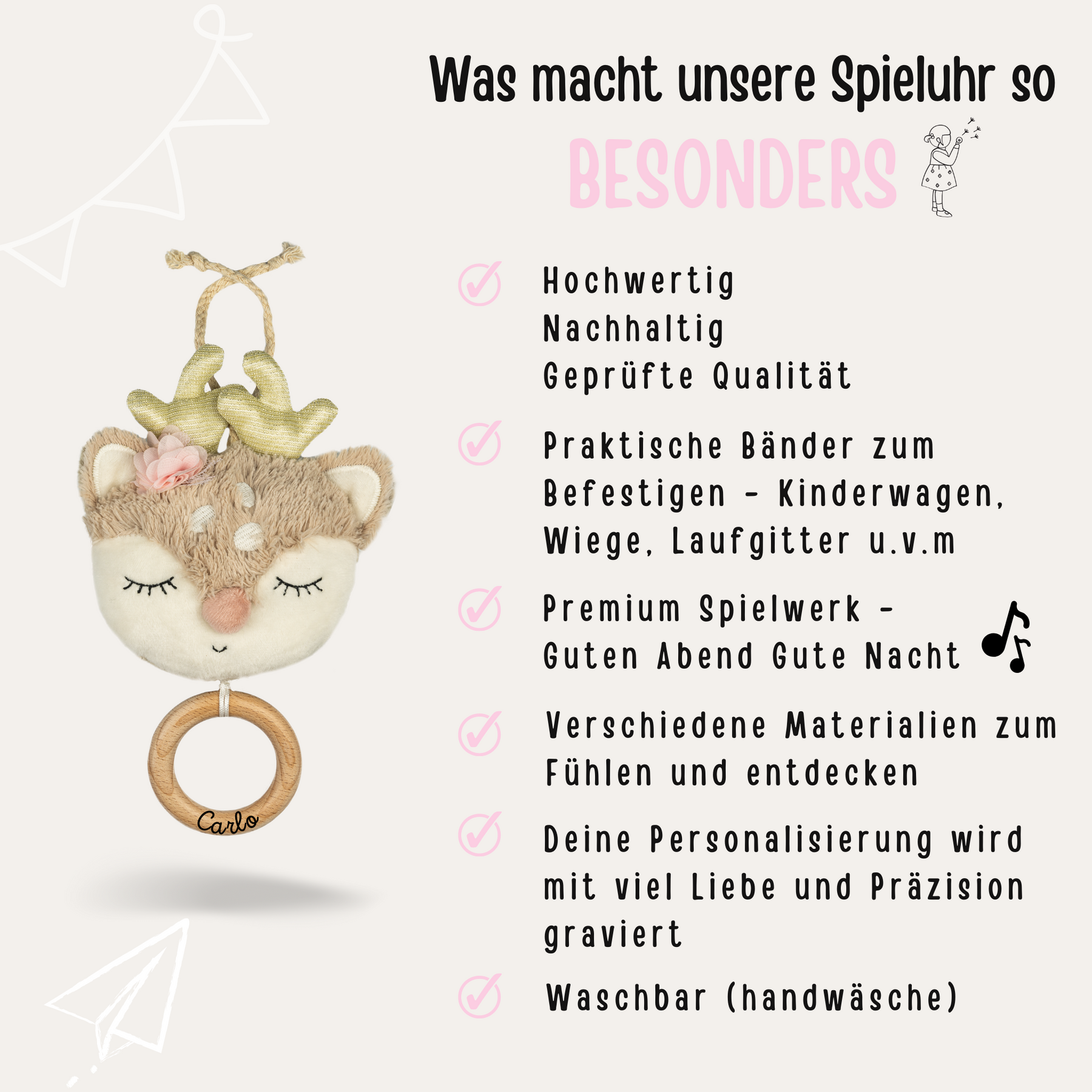 Spieluhr für Babys personalisiert - Reh und Igel