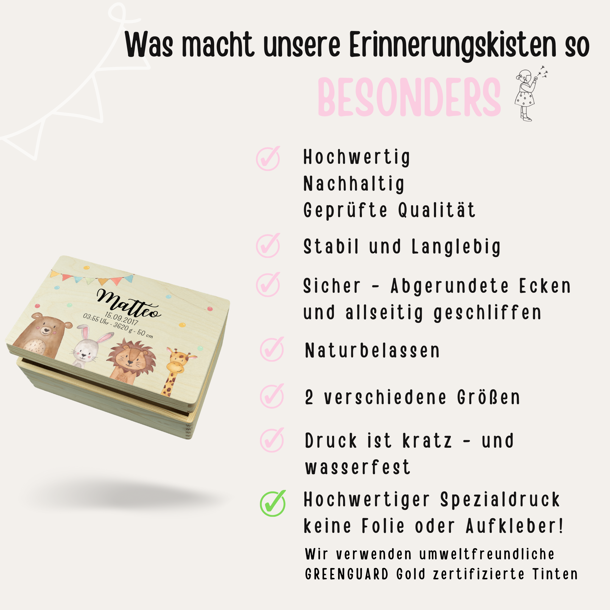Erinnerungsbox Baby personalisiert - Tiere unten Girlande Aquarell