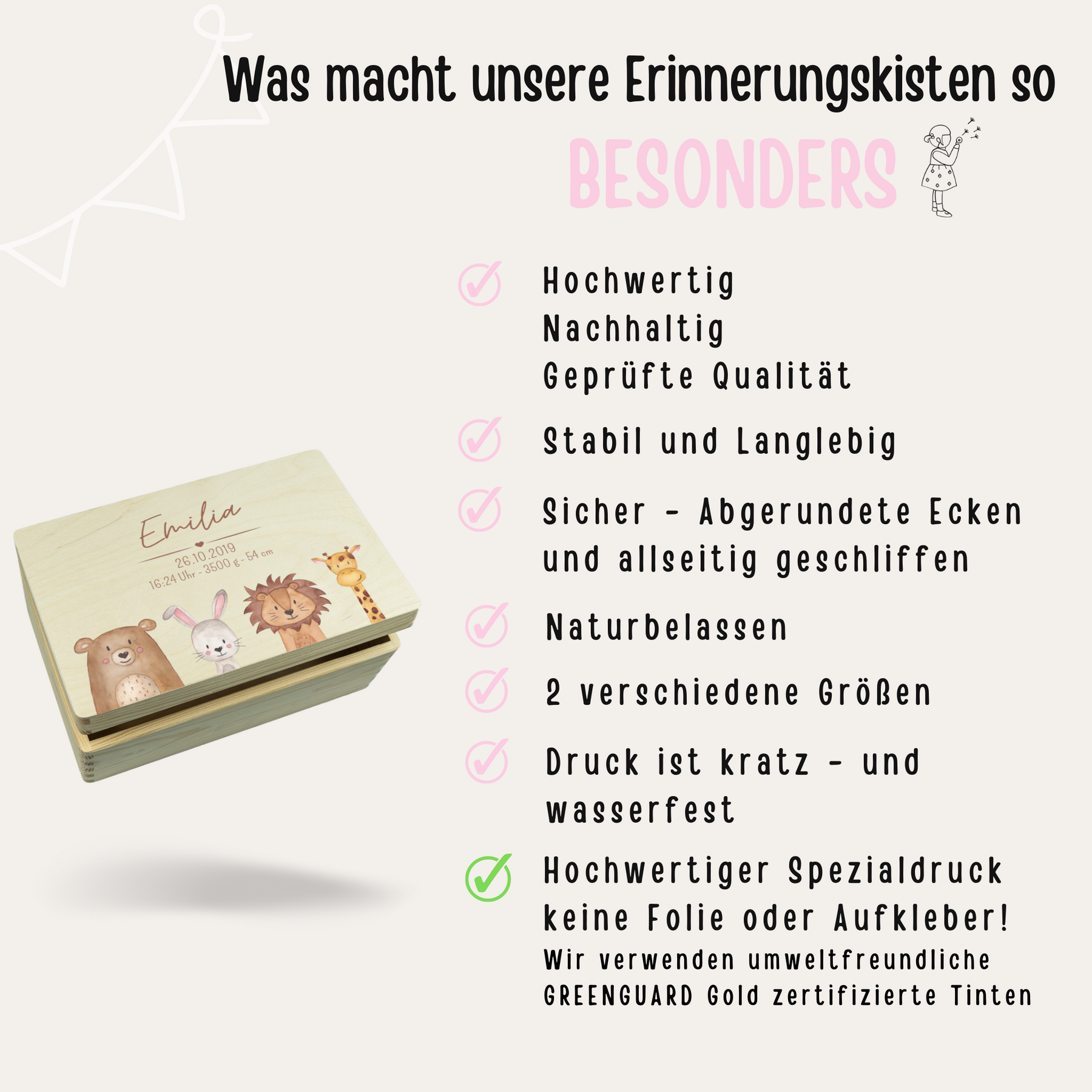 Erinnerungsbox Baby personalisiert - Tiere unten Aquarell