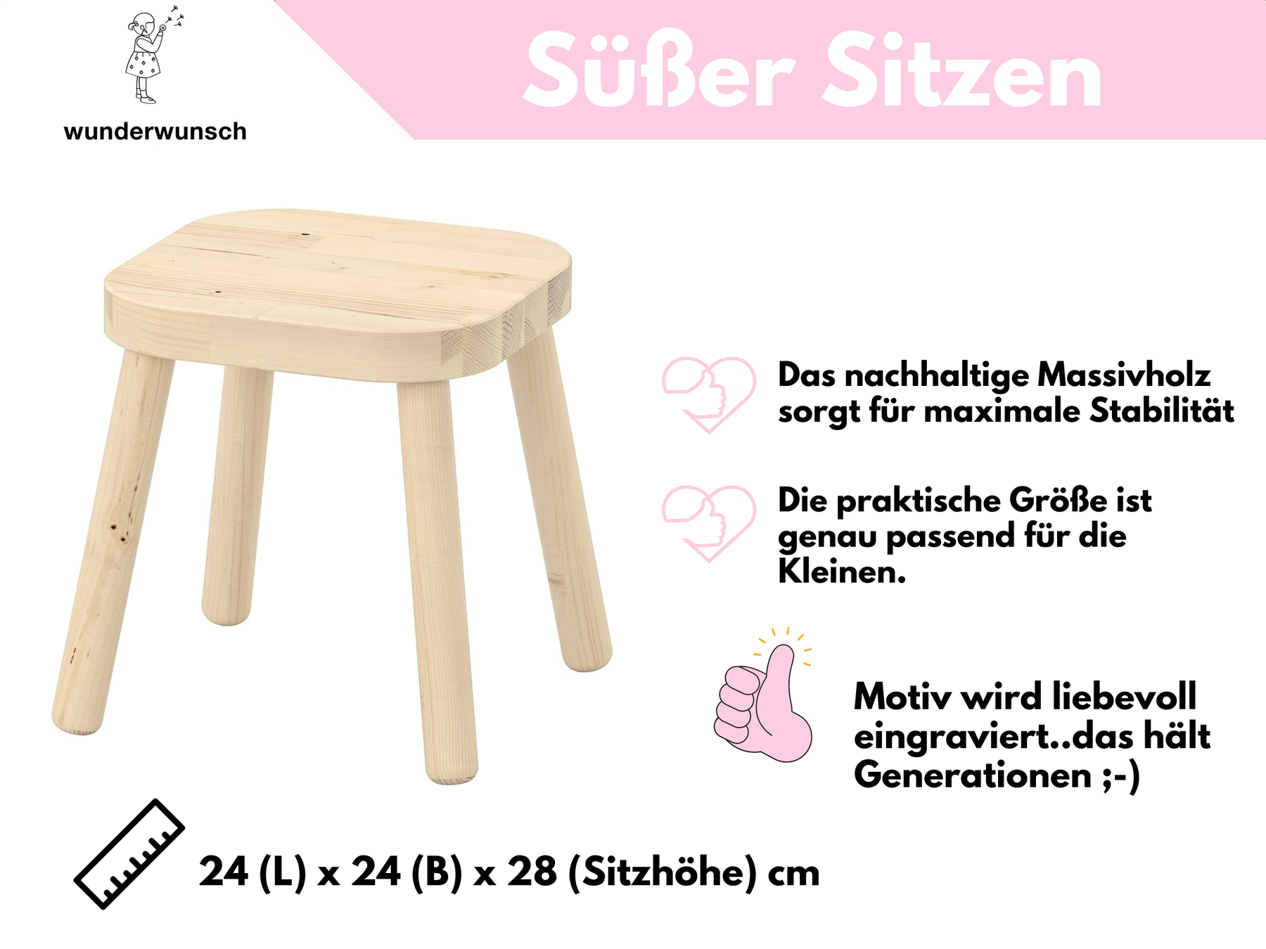 Kinderhocker Holz personalisiert - Regenbogen Gravur
