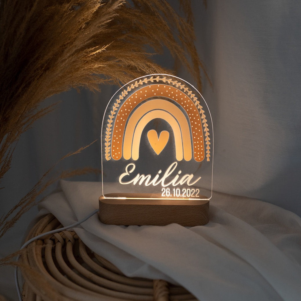 LED Nachtlicht Kinder personalisiert - Regenbogen beige Aquarell
