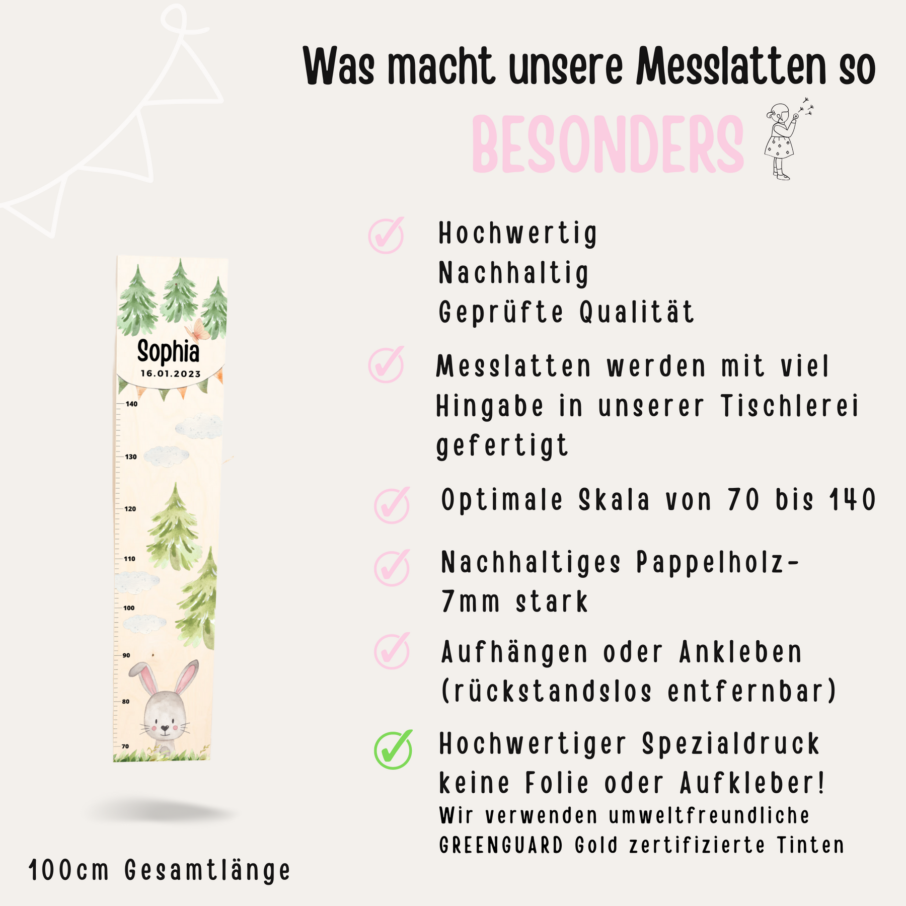 Kindermesslatte Holz personalisiert - Tier Wald Aquarell