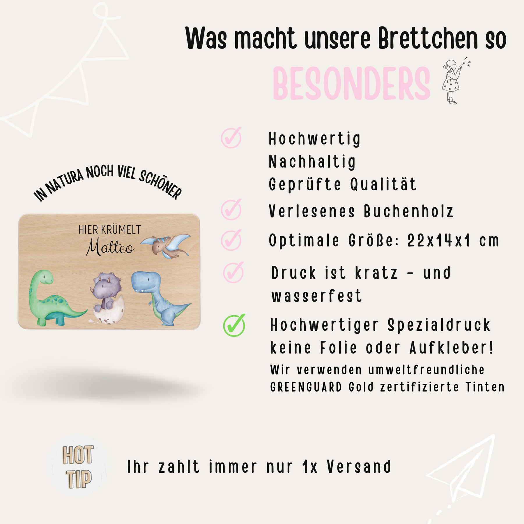 Frühstücksbrettchen personalisiert - Dinosaurier Aquarell