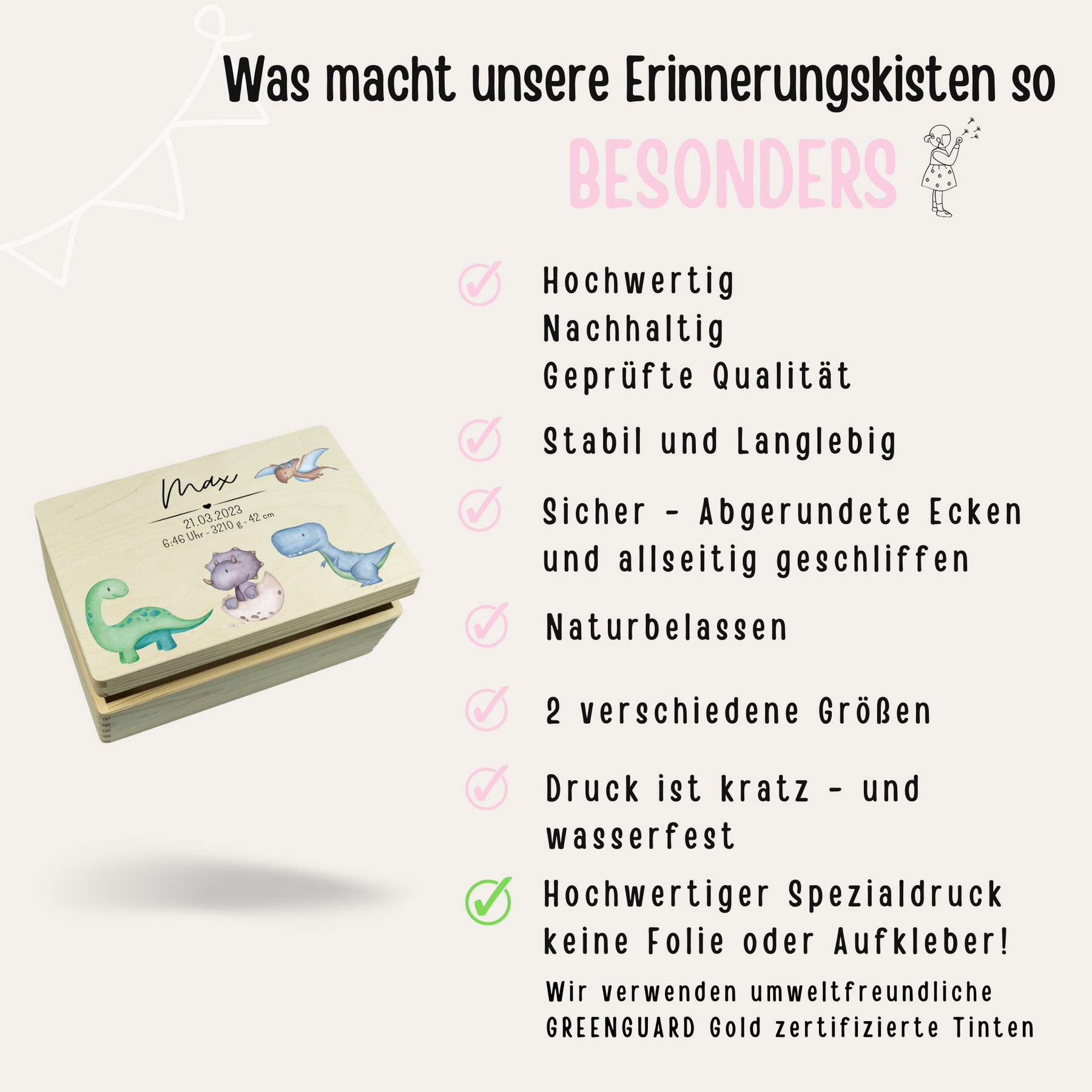 Erinnerungsbox Baby personalisiert - Dinosaurier Aquarell