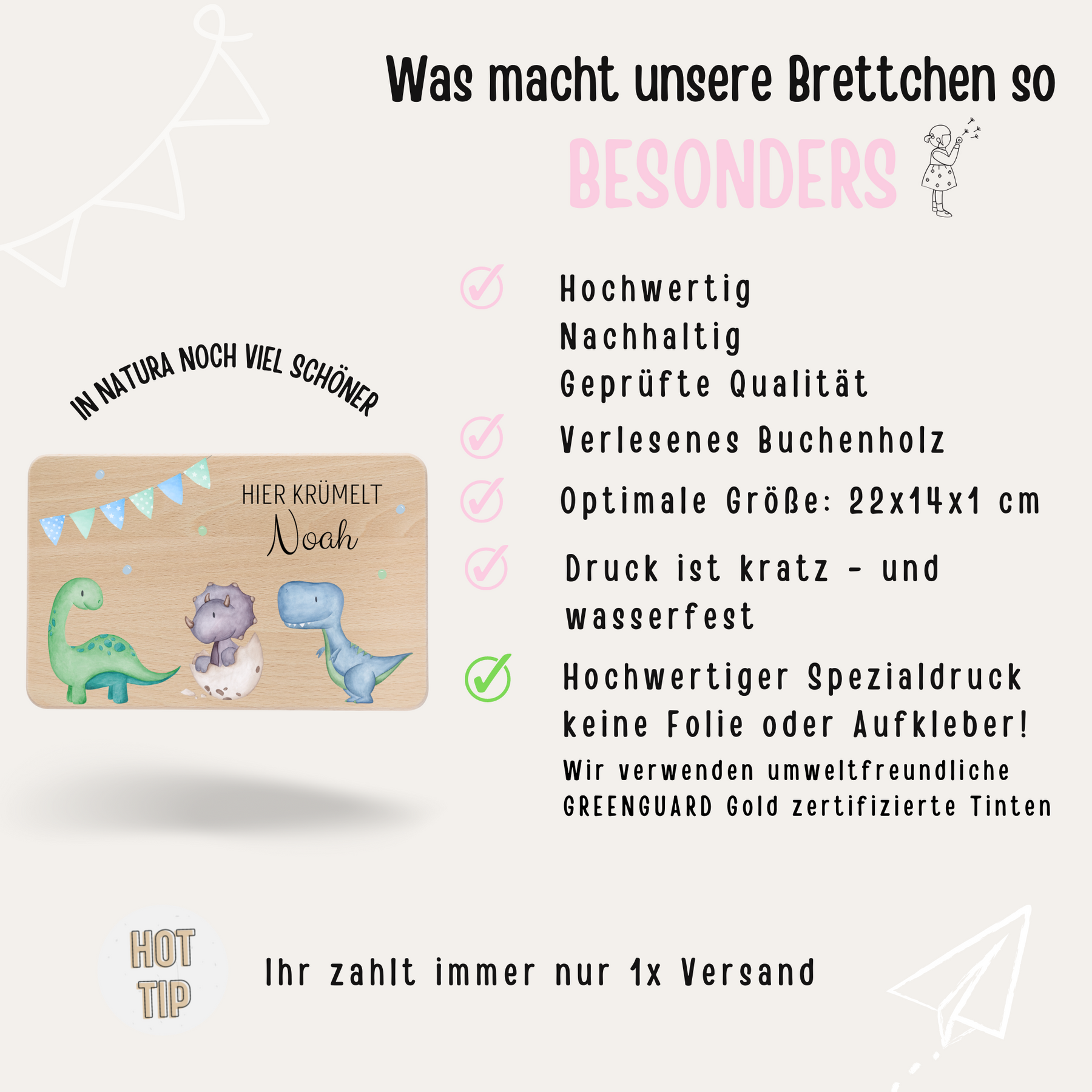Frühstücksbrettchen personalisiert - Dinosaurier Aquarell blaue Girlande
