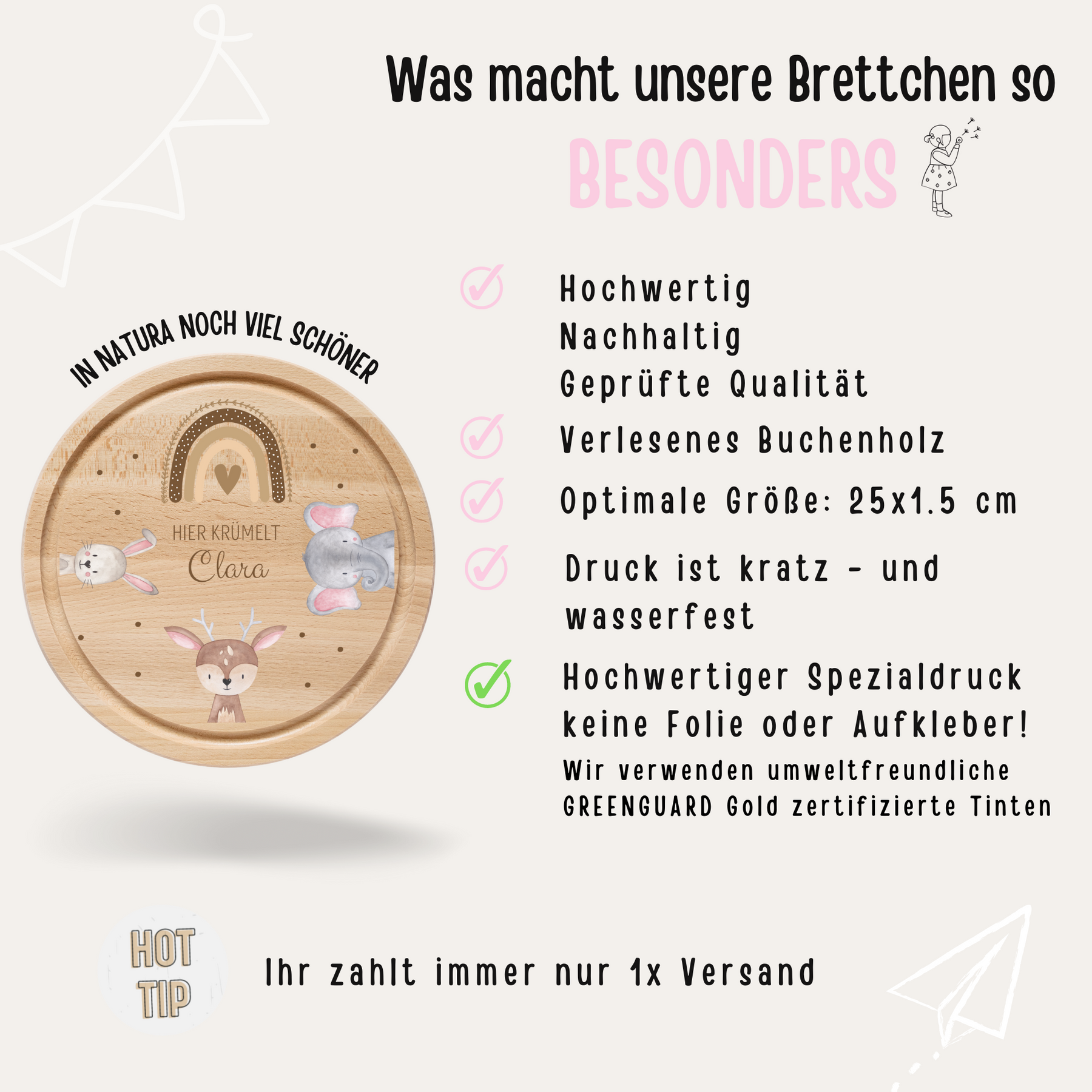 Schneidebrett Holz rund personalisiert - Hase Reh Elefant Regenbogen Aquarell