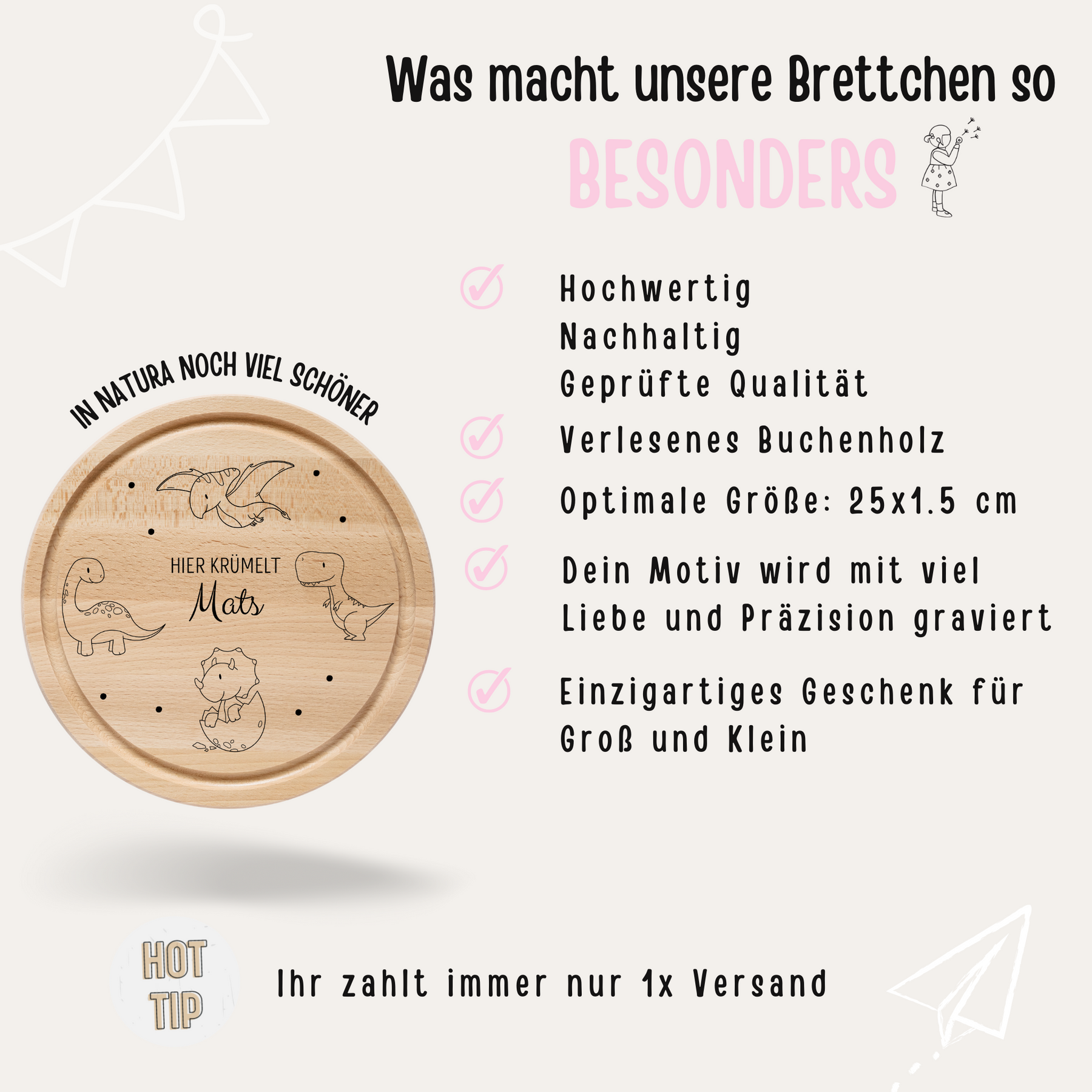 Schneidebrett Holz rund personalisiert - Dinosaurier Punkte Gravur
