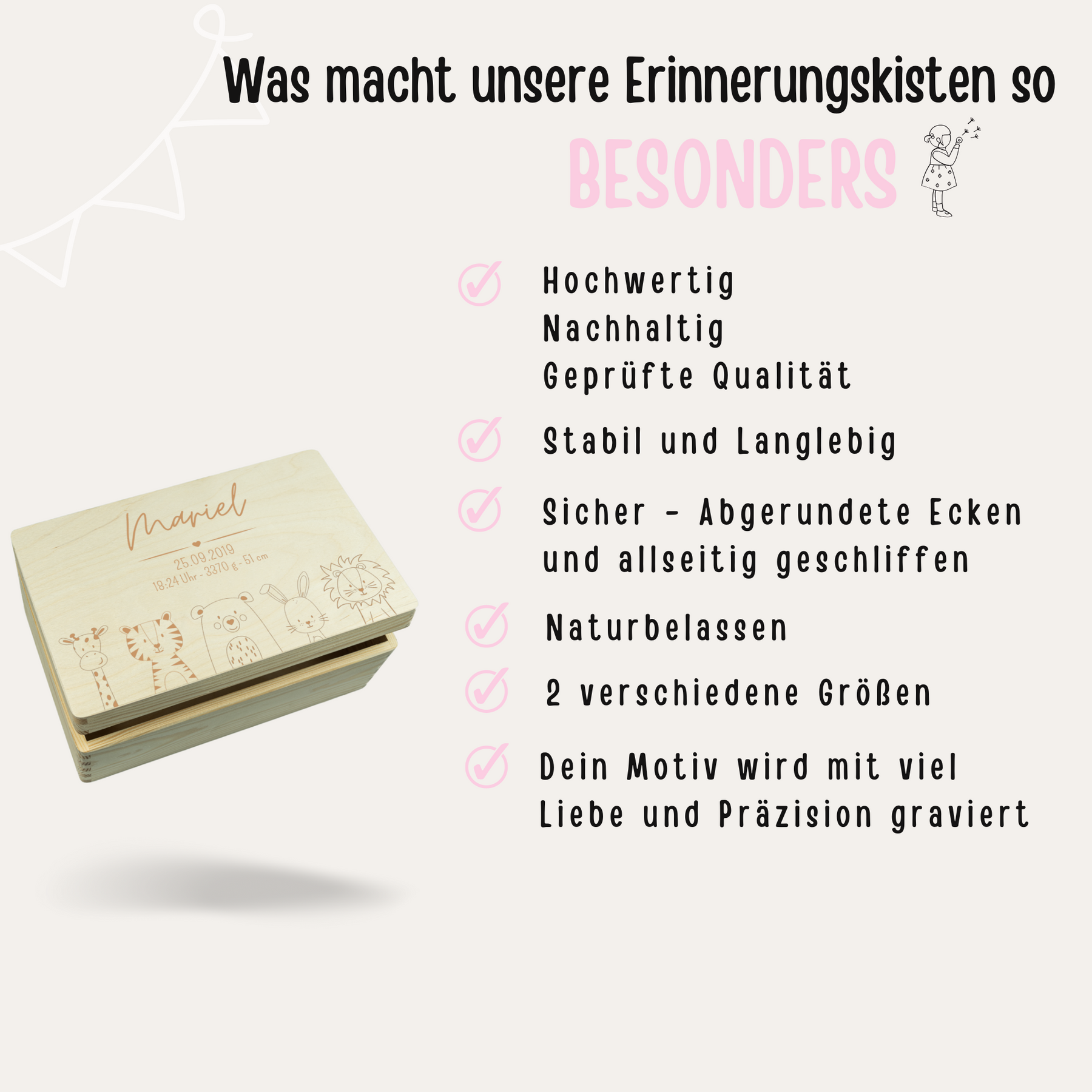 Erinnerungsbox Baby personalisiert - Tiere unten Gravur
