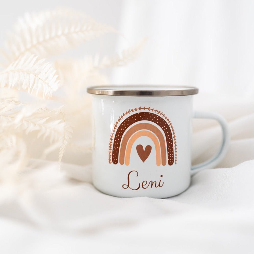 Emaille Kindertasse personalisiert - Regenbogen beige Aquarell - wunderwunsch