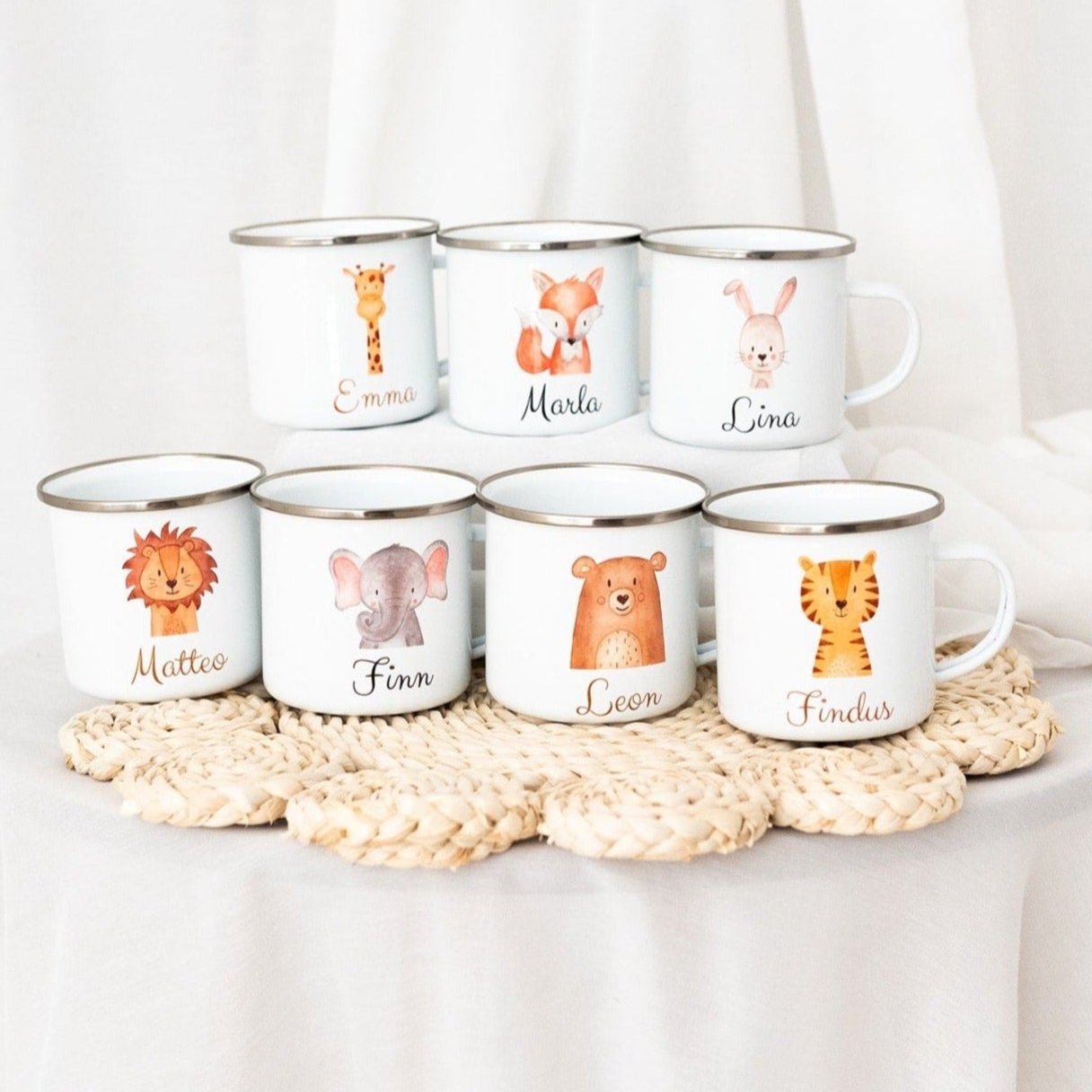 Emaille Kindertasse personalisiert - Tier Aquarell - wunderwunsch