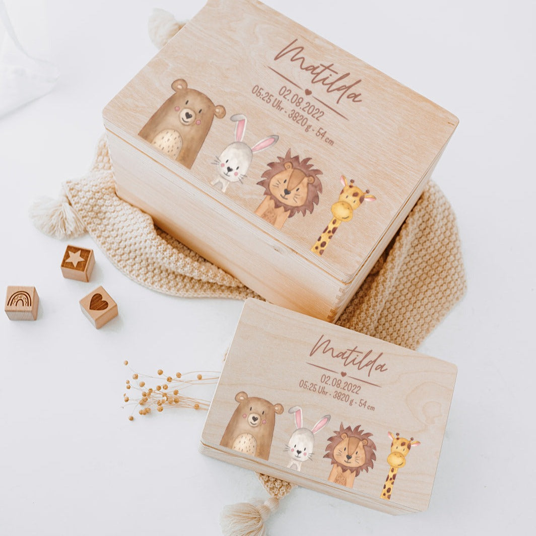 Erinnerungsbox Baby personalisiert - Tiere unten Aquarell