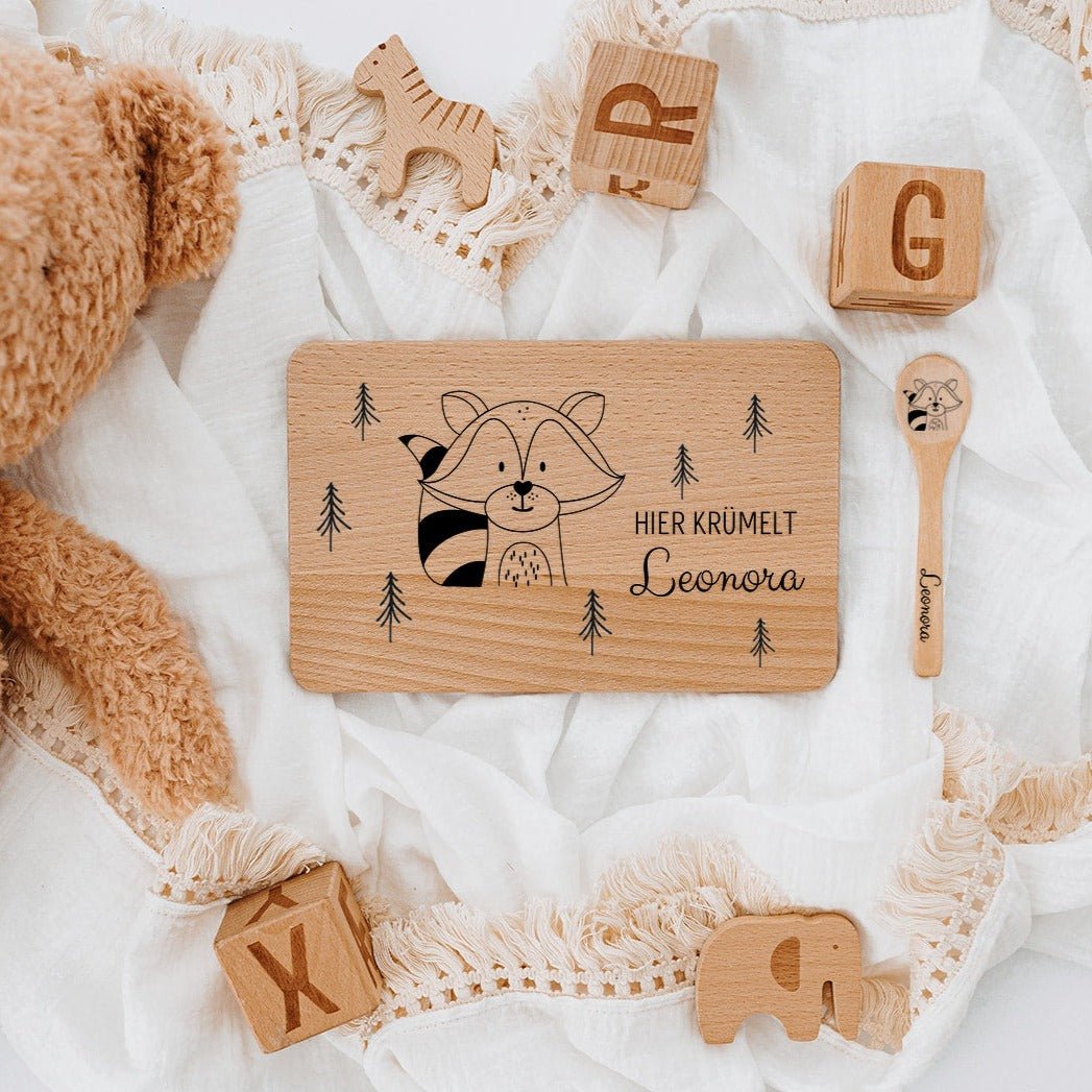 Frühstücksbrettchen mit Kinderlöffel personalisiert - Tier Wald Gravur - wunderwunsch