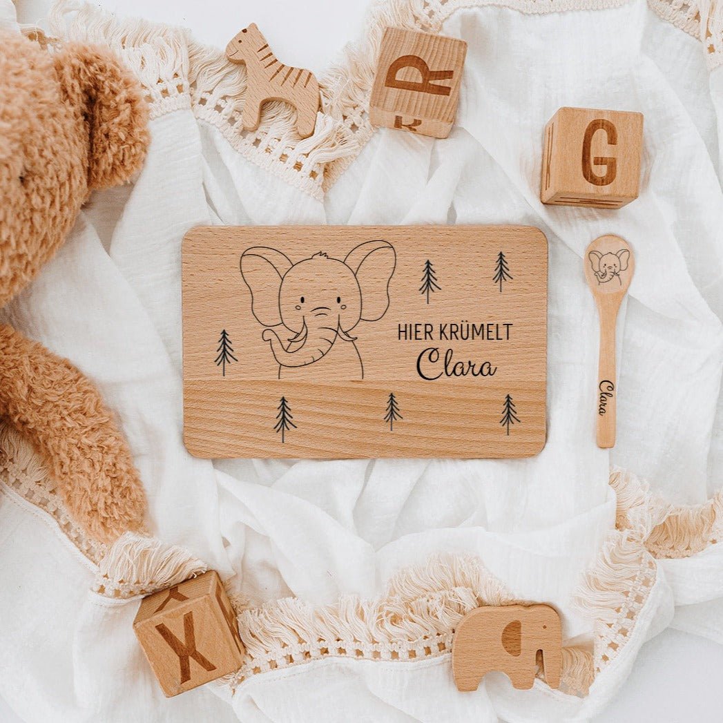 Frühstücksbrettchen mit Kinderlöffel personalisiert - Tier Wald Gravur - wunderwunsch