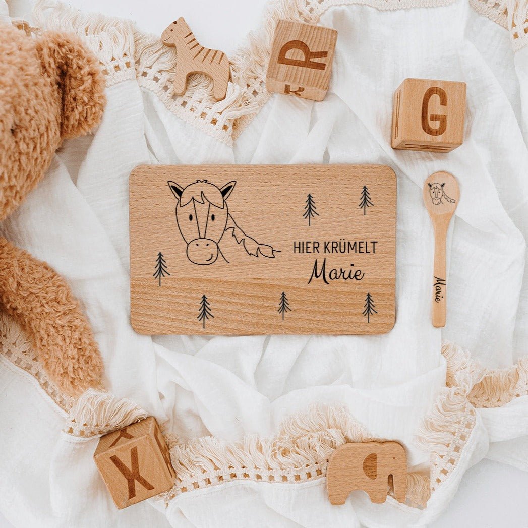 Frühstücksbrettchen mit Kinderlöffel personalisiert - Tier Wald Gravur - wunderwunsch