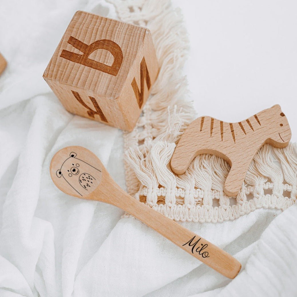 Frühstücksbrettchen mit Kinderlöffel personalisiert - Tier Wald Gravur - wunderwunsch