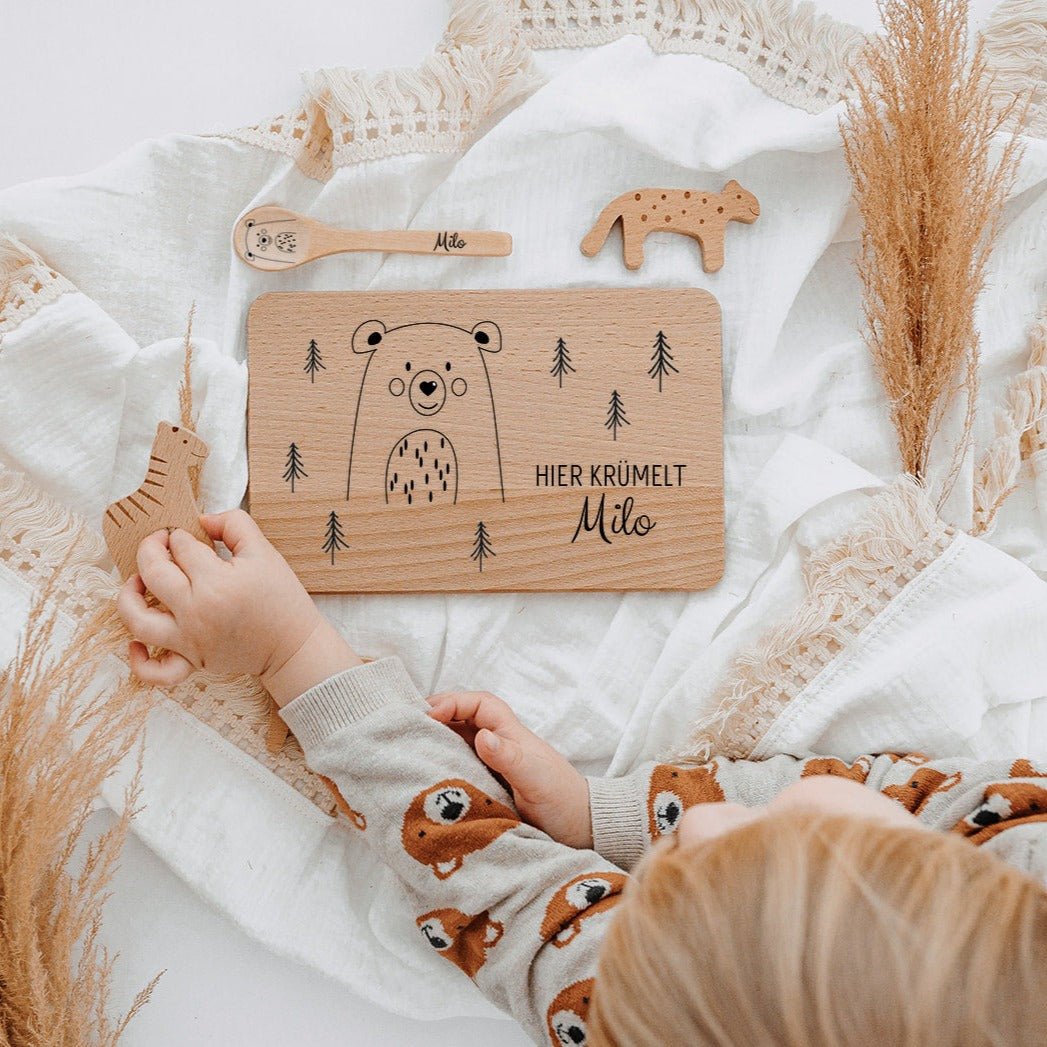 Frühstücksbrettchen mit Kinderlöffel personalisiert - Tier Wald Gravur - wunderwunsch