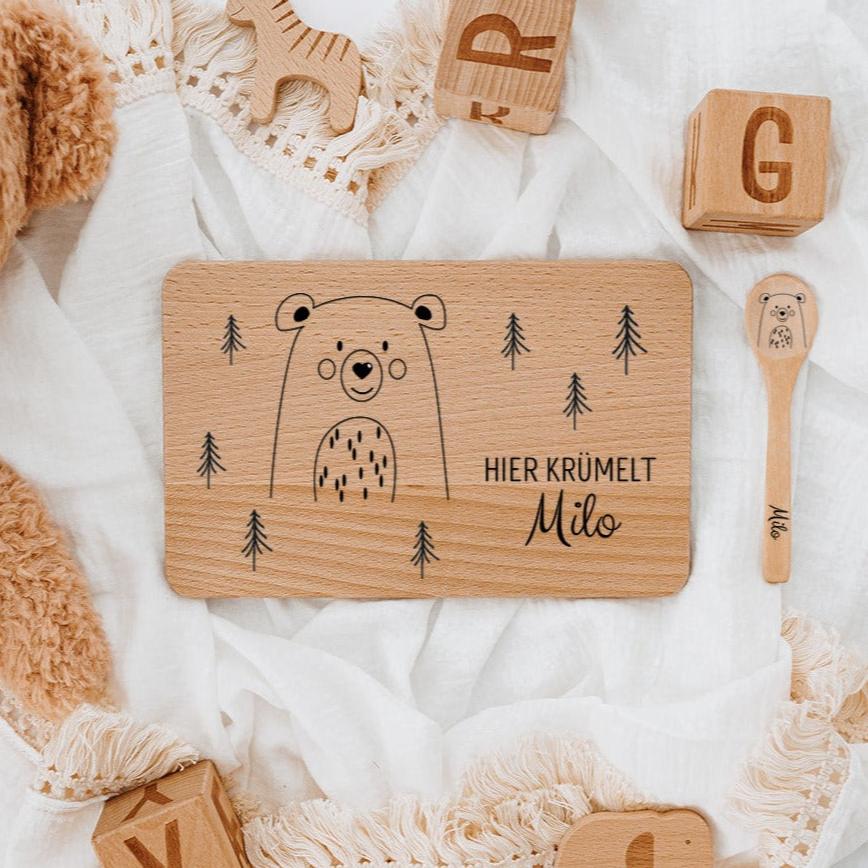 Frühstücksbrettchen mit Kinderlöffel personalisiert - Tier Wald Gravur - wunderwunsch